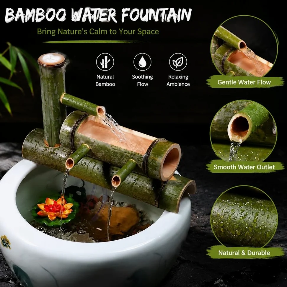 Fontaine à Eau Solaire en Bambou pour Extérieur, Fontaine Cascade Japonaise Zen avec Pompe Et Bec d'eau, Décoration De Jardin, Bassin Et Espace Relaxation