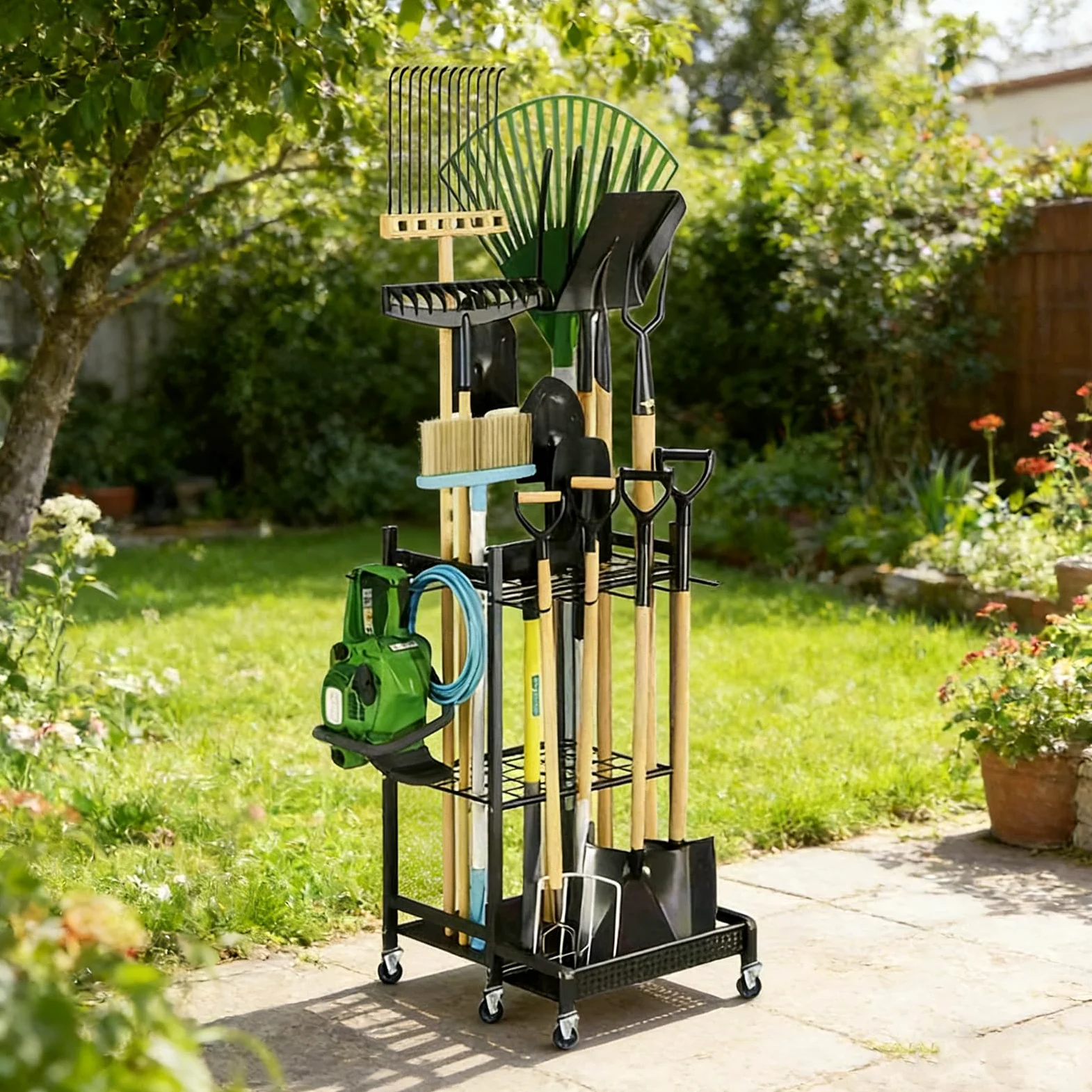 Porte-outils de jardin avec mouvement fluide, idéal pour ranger pelles, râteaux et accessoires de jardin, chariot à outils de jardin robuste
