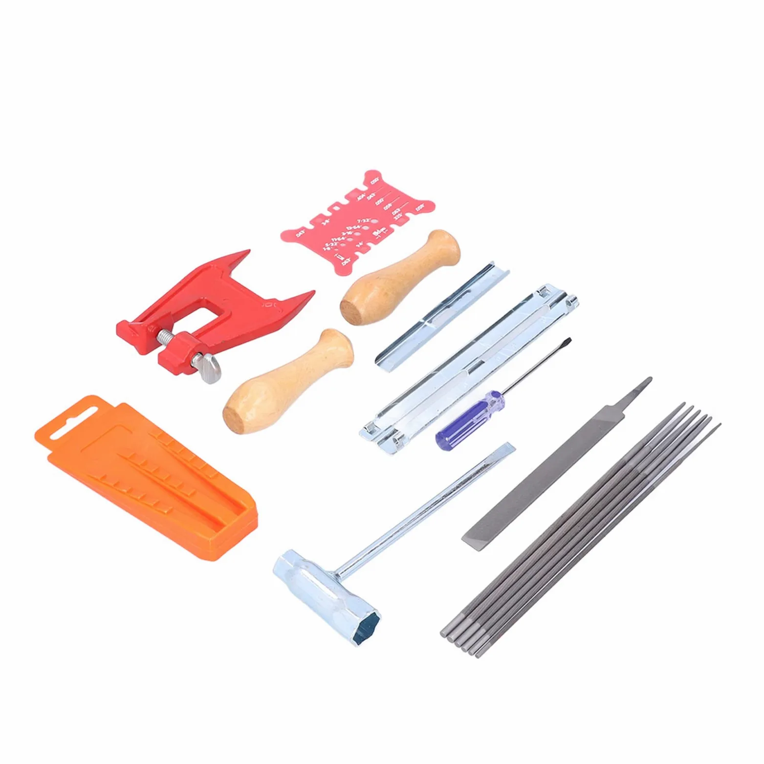 Tyenaza Kit d'affûtage de tronçonneuse 16 pièces avec étui de Rangement, Comprenant Une Lime Ronde, Un Tournevis Plat, Un Guide de Lime, Un Manche en Bois, Une Barre d'abattage et Un Outil de Mesure.