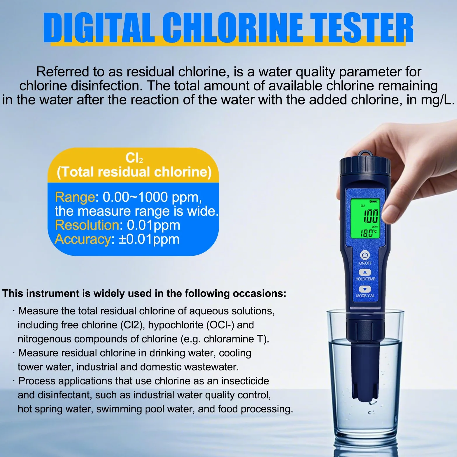 pH Chlore Mètre 10 en 1,Testeur pH Chlore TDS EC SALT ORP S.G H₂ Résistivité Température, batterie Li 300 mAh rechargeable, Tester pour piscine, spa, eau potable, aquarium, RO