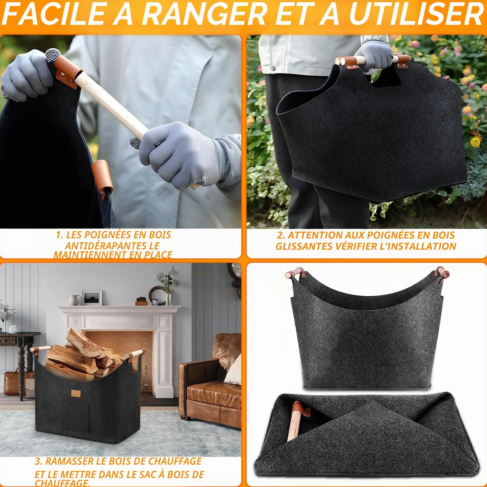 Panier à Bûches Pliable 60x40xcm avec Poignée et Poches Latérales