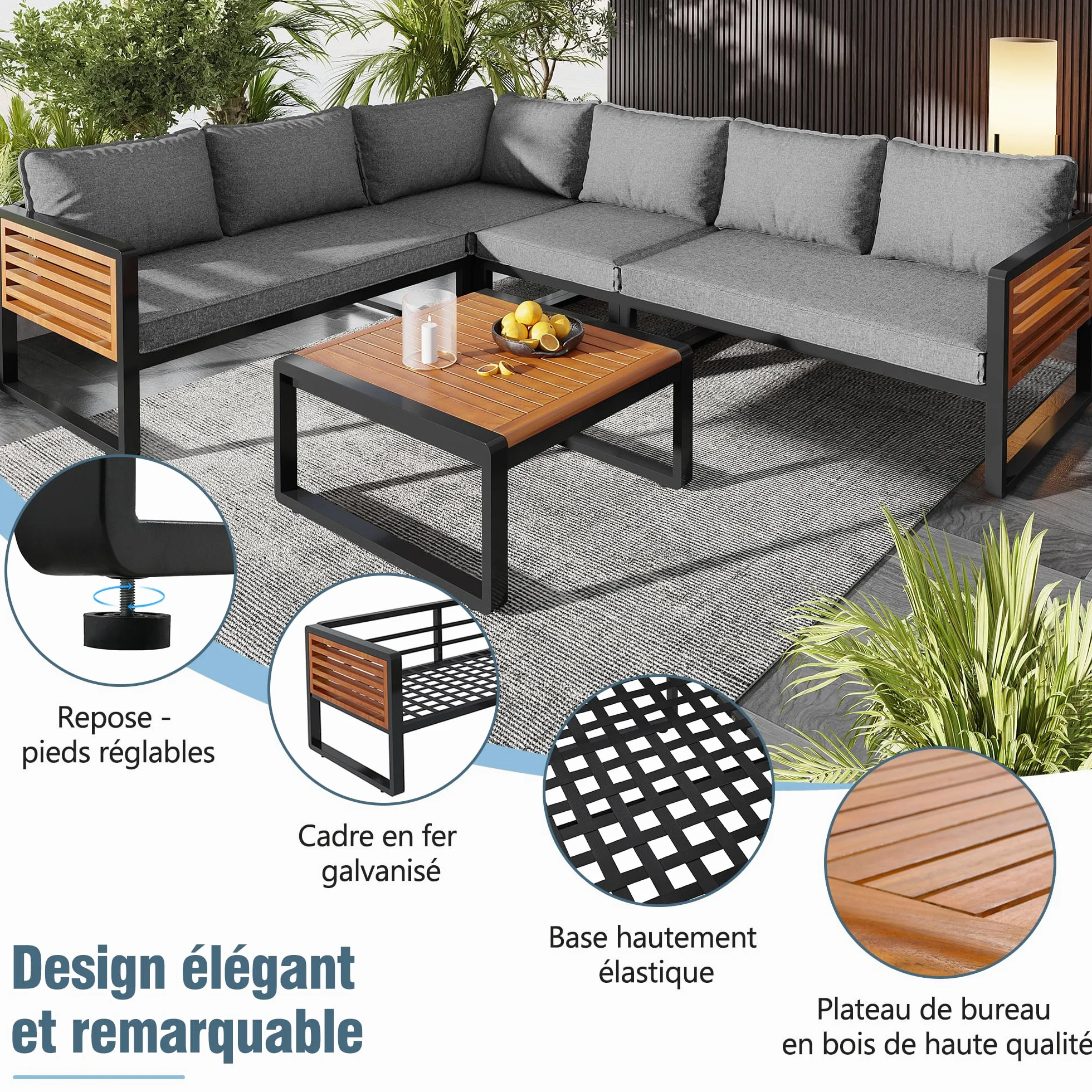 Ensemble Salon de Jardin Exterieur 5-6 Places, Mobilier de Jardin en Métal avec Structure en Fer Zinc et Accoudoirs en Bois, Canapé d'angle Modulable, Table Basse en Bois Massif