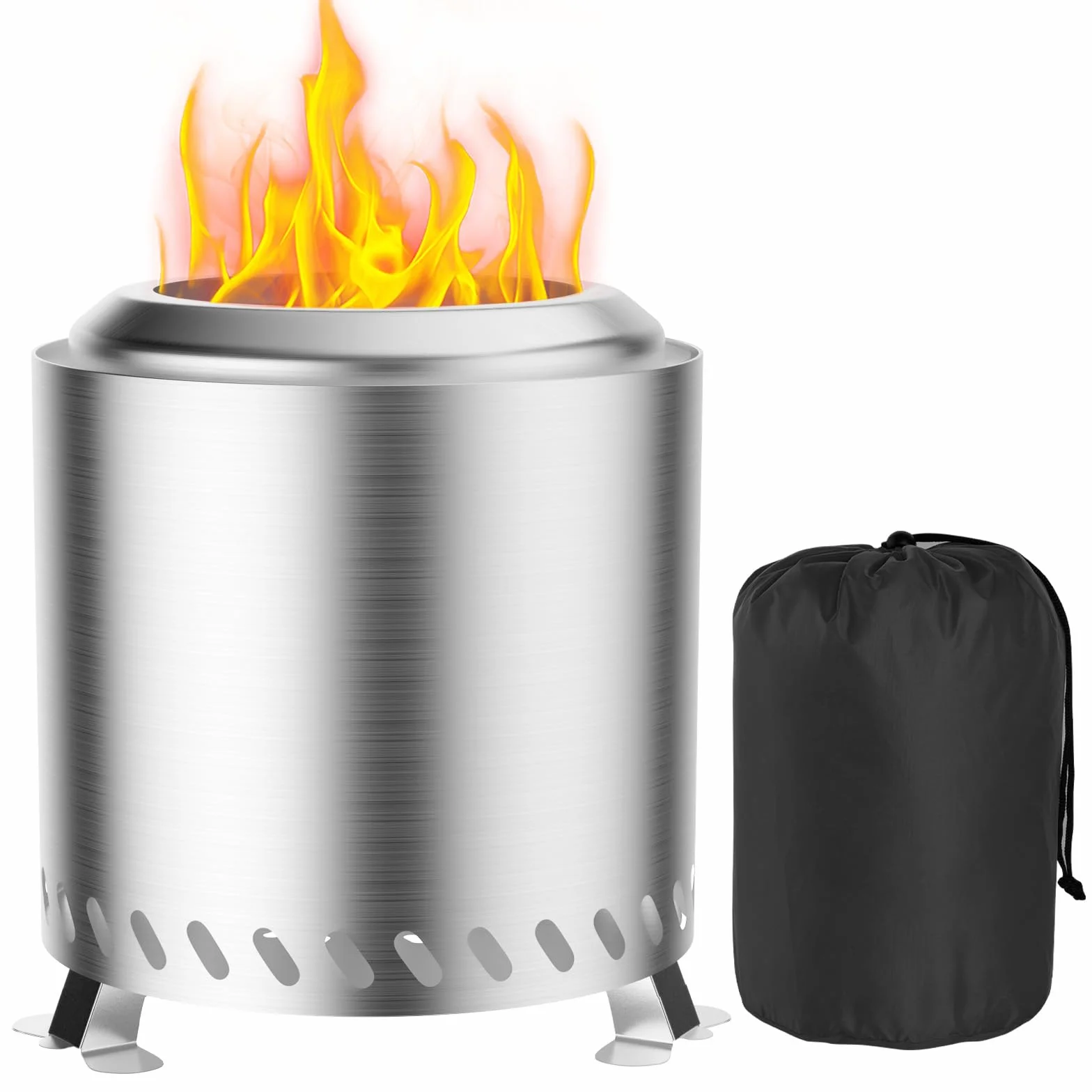 Brasero Exterieur de Jardin, Foyer sans fumée Acier Inoxydable 22x22x26cm Mini Corbeille à feu Tonneau de feu avec Pied et Sac de Rangement, Balcon Terrasse Jardin Déco, Idéal pour BBQ Pellets Bois