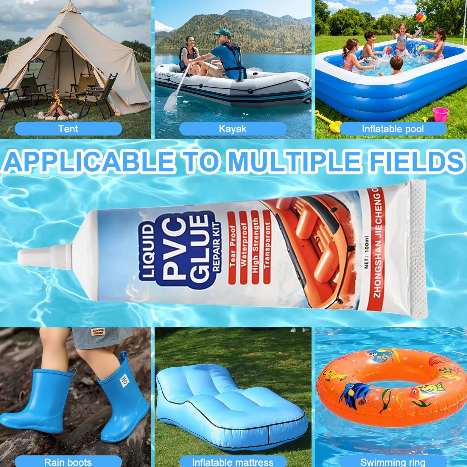Kit de Réparation Piscine 100ML, Rustine Imperméable avec 15 Patchs & Accessoires, Colle PVC