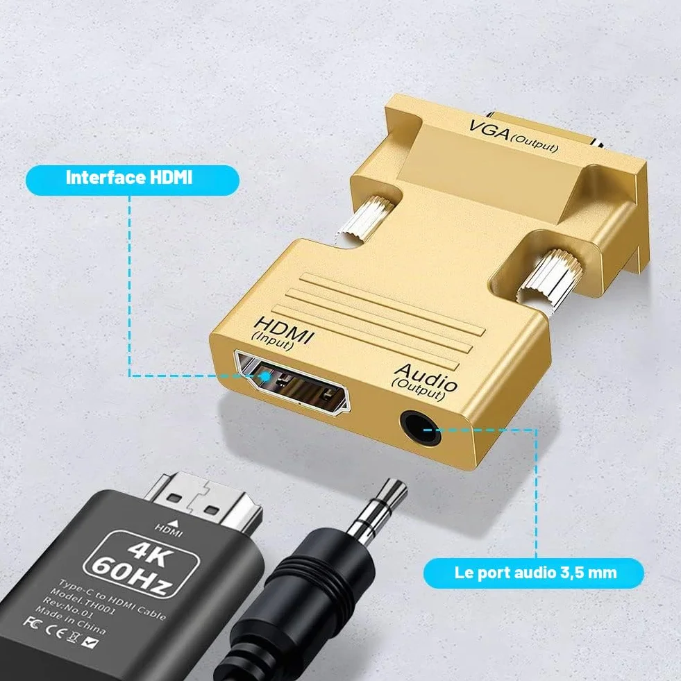 Adaptateur HDMI vers VGA 1080P Femelle vers Mâle Convertisseur Câble Audio Vidéo 3,5 mm