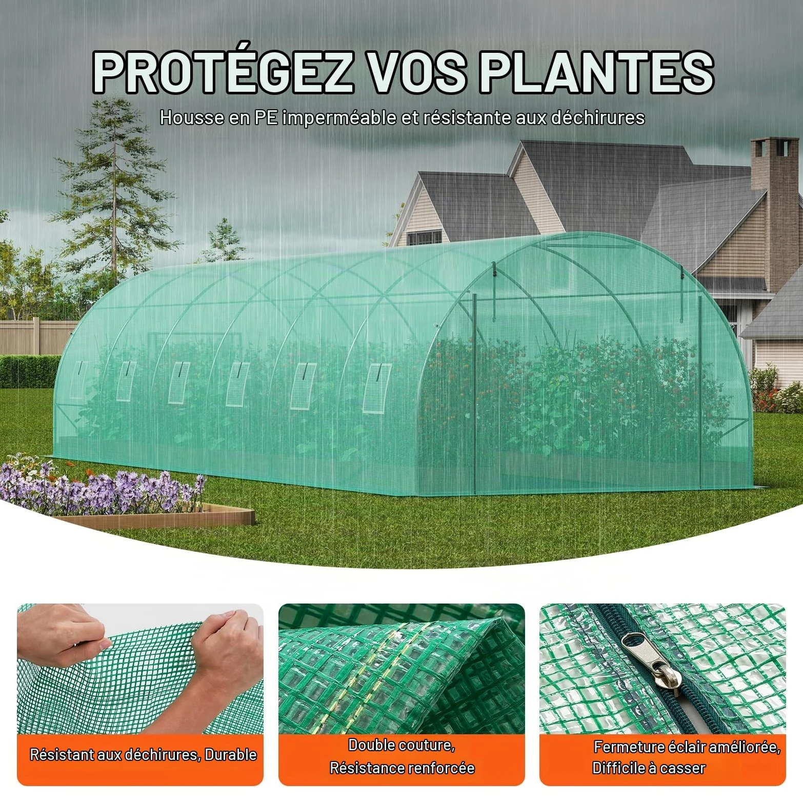 VEVOR Serre Tunnel Jardin, 890x295x198 cm, Tente Abri Plantes avec Cadre en Acier Galvanisé, Couverture en PE Verte, Porte à Glissière Enroulable, 12 Fenêtres, pour Extérieur Cultiver Légumes Fleurs