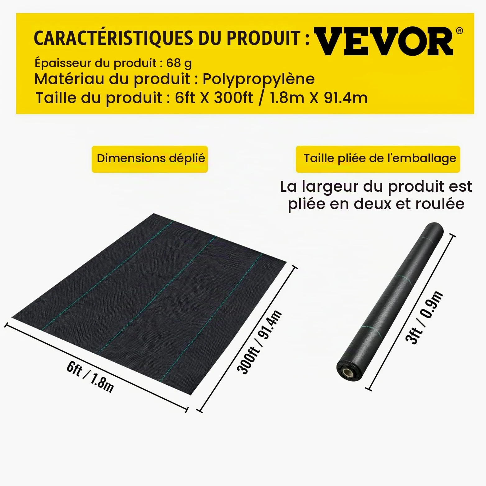 VEVOR Toile Tissée Jardin 91,4 m x 1,83 m Toile Anti-Mauvaises Herbes Tissé Anti-UV pour Les Allées des Terrasses Empêcher Les Mauvaises Herbes et Idéal Également pour Les Allées de Potagers