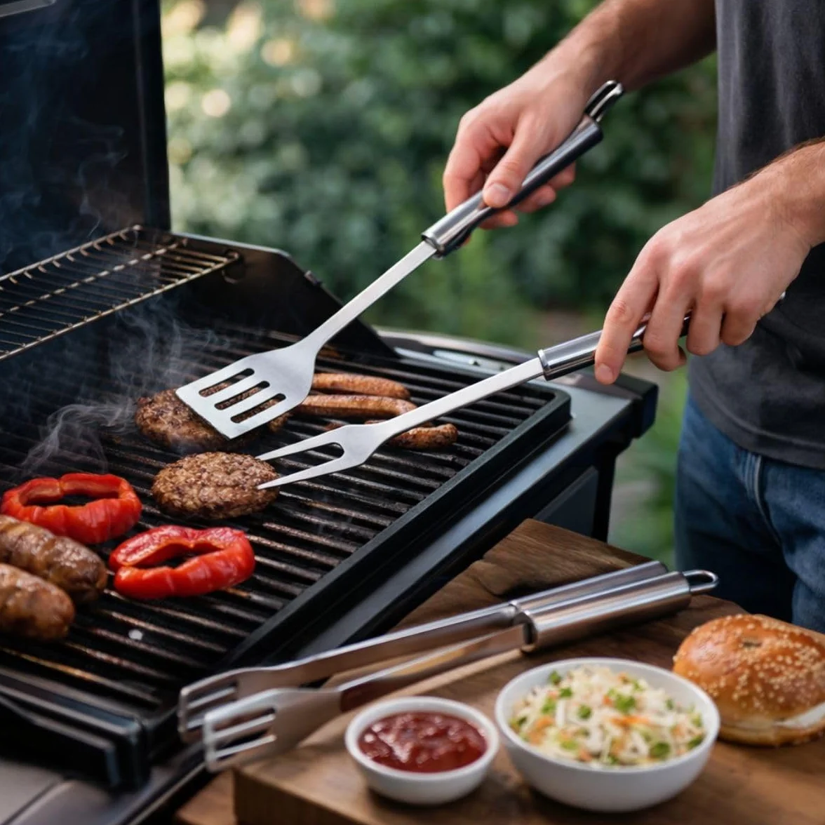 Alpina Kit Barbecue Ustensiles 3 Pièces - Pince et Spatule Acier Inoxydable - Fourchette à Viande Argent