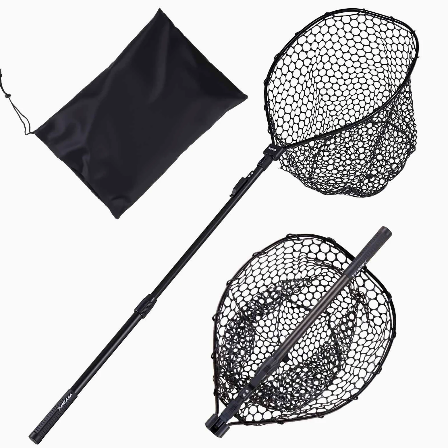 VEVOR Épuisette de Pêche Pliable, Filet de Pêche avec Manche Télescopique, pour Poisson Étang Bassin Kayak Bateau, Salabre Léger et Portable, Tige en Aluminium 6063 et Filet en Silicone Souple