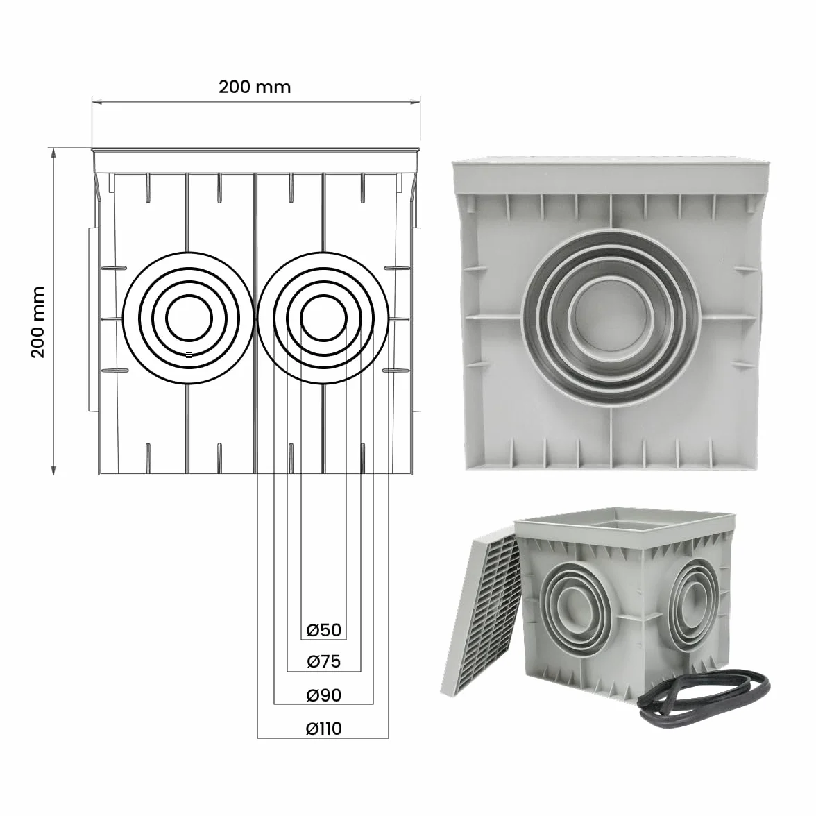 Archet étanche de sol électrique gris IP54 PVC 200x200 mm pour jardin drainage irrigation