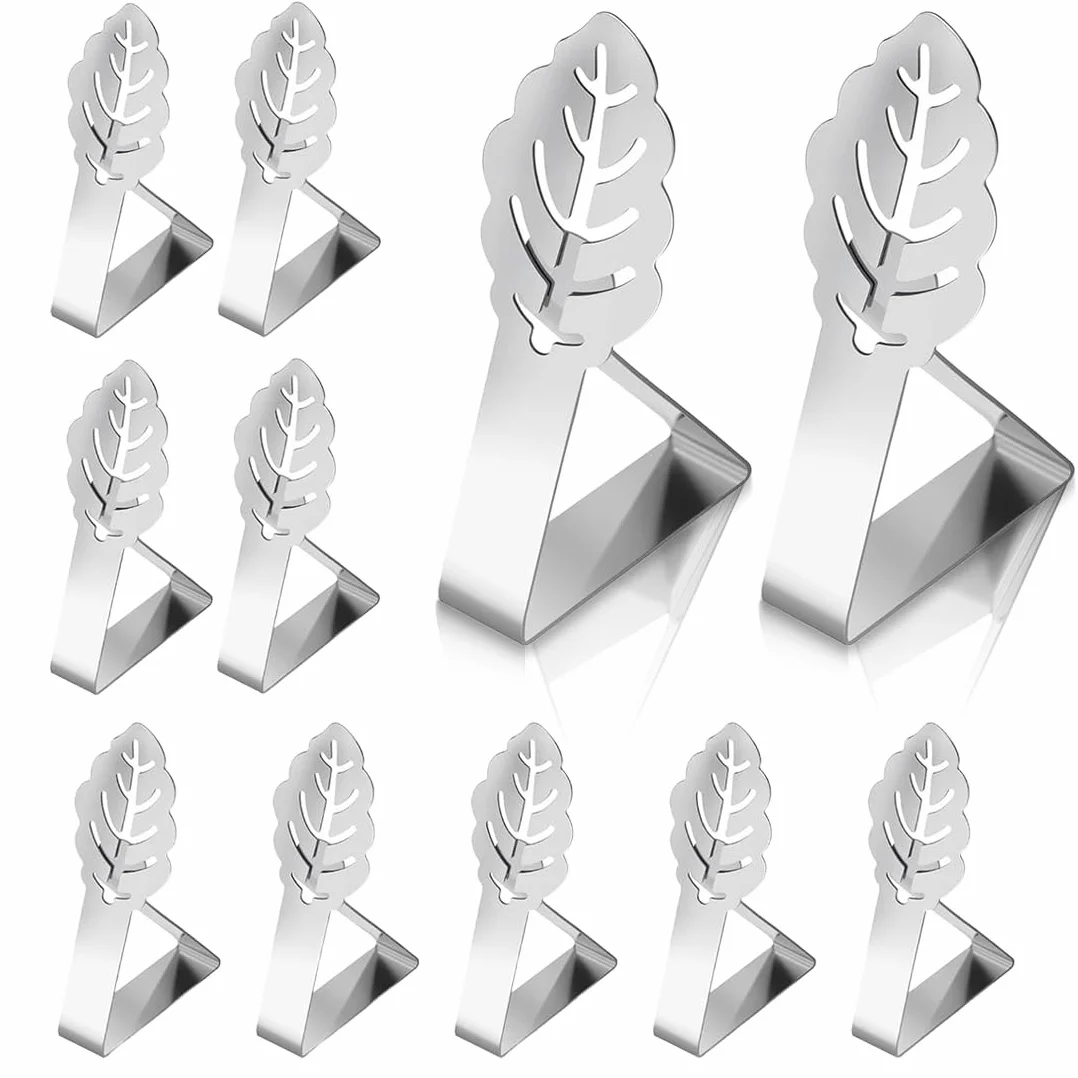 Pinces pour Nappe décoratives en Acier Inoxydable, Clips Anti-Glissant, Extérieur, Pique-Nique, Barbecue, Mariage, Fête (10 Pièces, Feuilles)