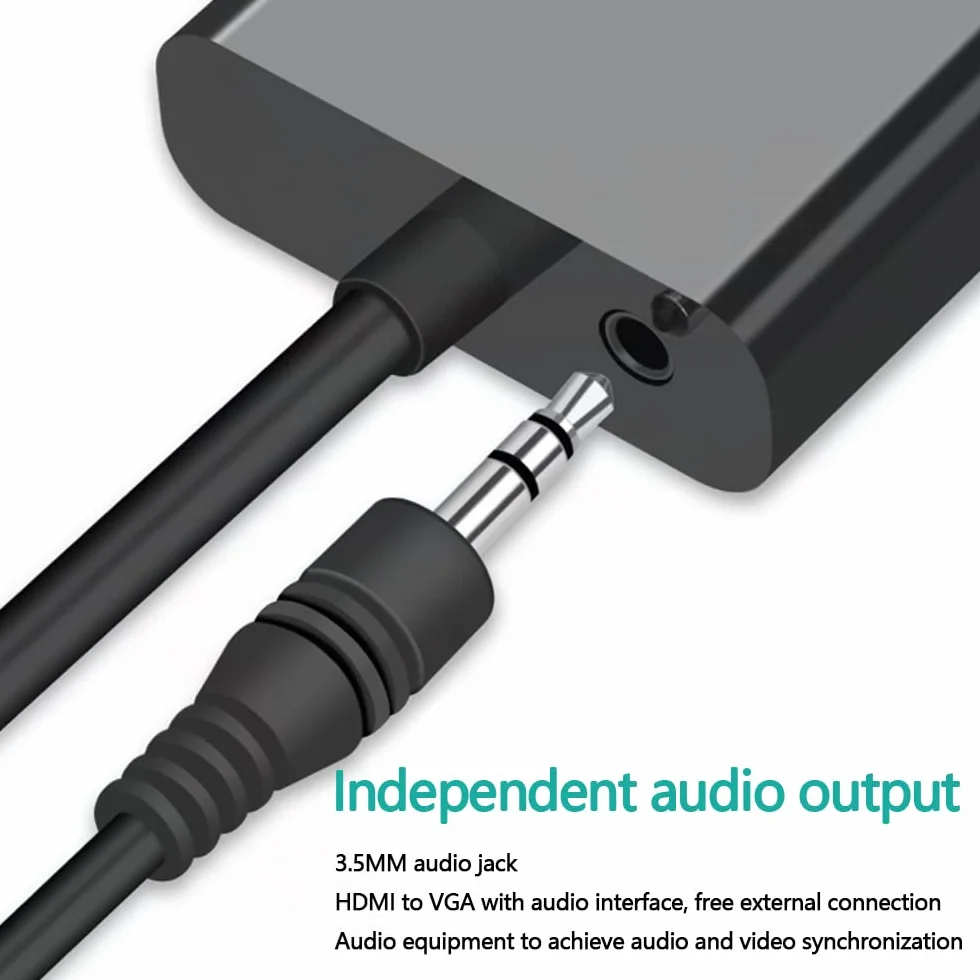 Adaptateur HDMI vers VGA 1080P, Convertisseur VGA vers HDMI avec Câble Audio 3,5 mm et Connecteur Doré pour PC, Projecteur, HDTV, PS4/3