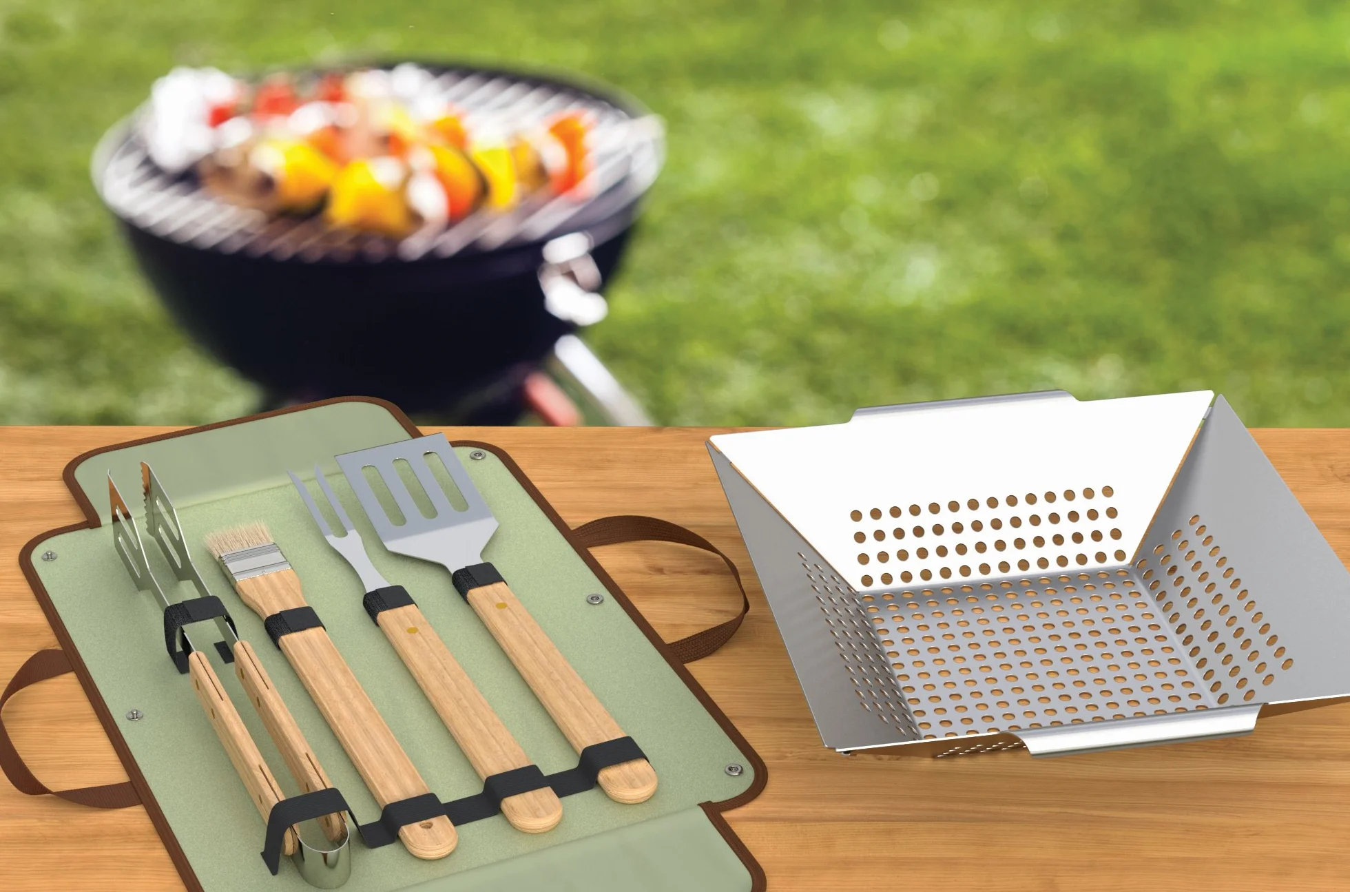 bonVIVO Ensemble Barbecue 5 Pièces, Accessoires BBQ INOX Longs Manches en Bois