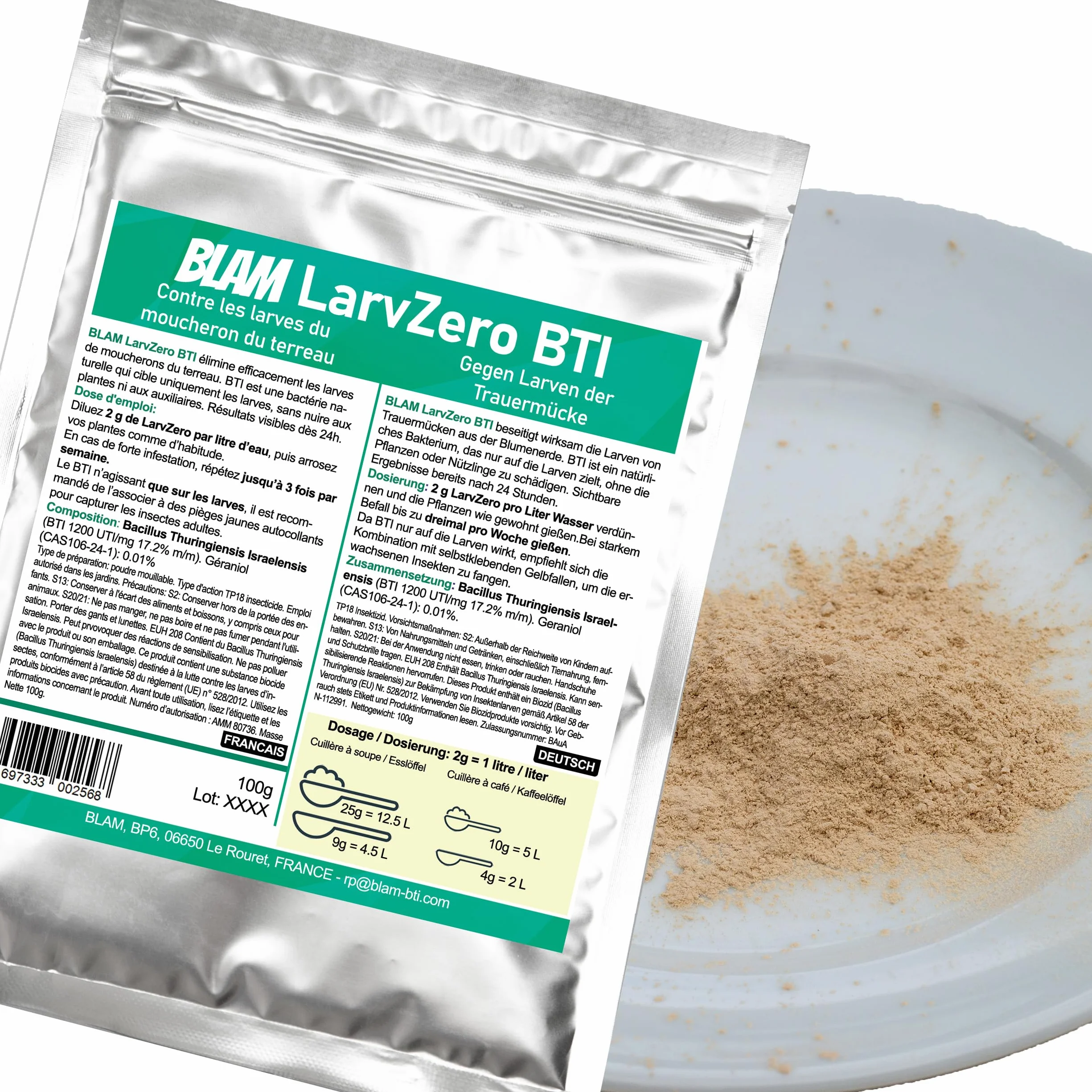 BLAM LarvZero BTI 100g – Larvicide naturel contre les mouches du terreau (Sciaridae) – Bacillus Thuringiensis Israelensis concentré pour 50L de solution