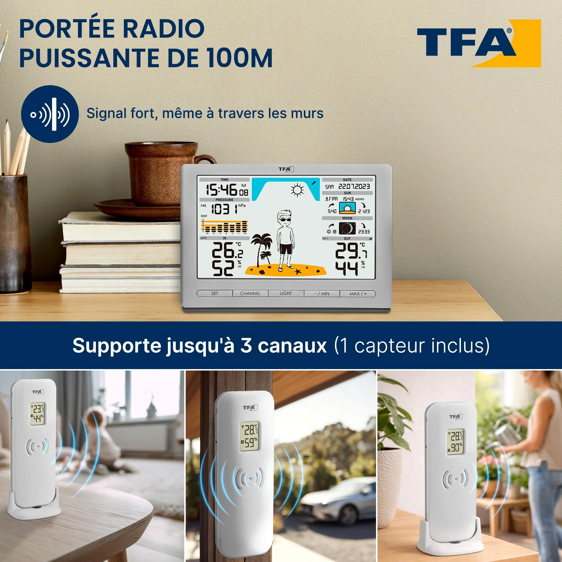 TFA Dostmann station météo sans fil METEO JACK, 35.1097.54, avec capteur extérieur, prévisions météo, pression, phase de lune, lever & coucher du soleil, argenté