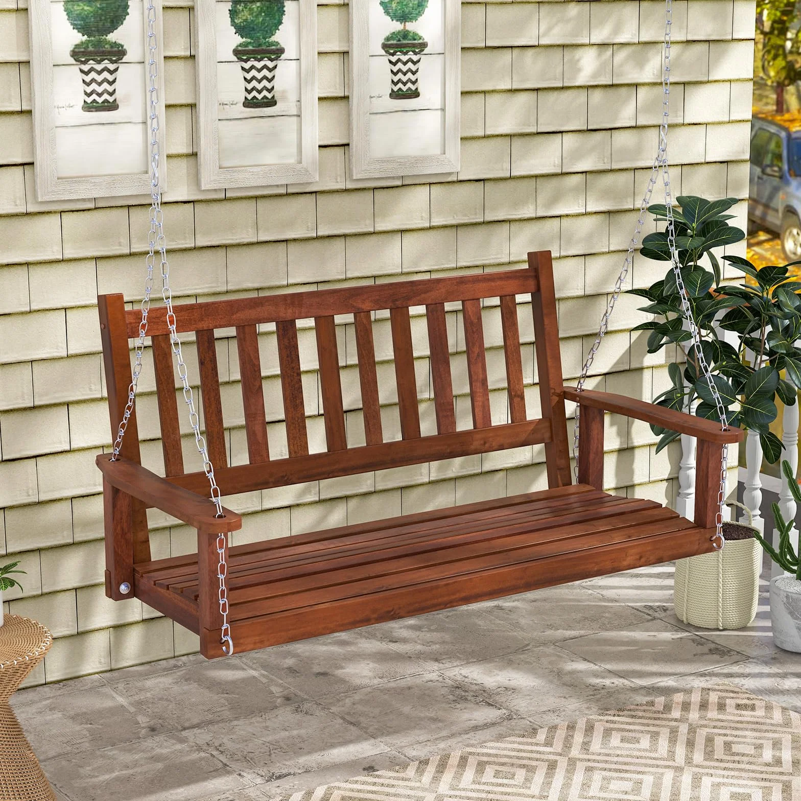 GOPLUS Balançelle Jardin 2/3 Places Extérieur Chaise Hamac Suspension Bois 230/360KG 136x67x63CM Marron