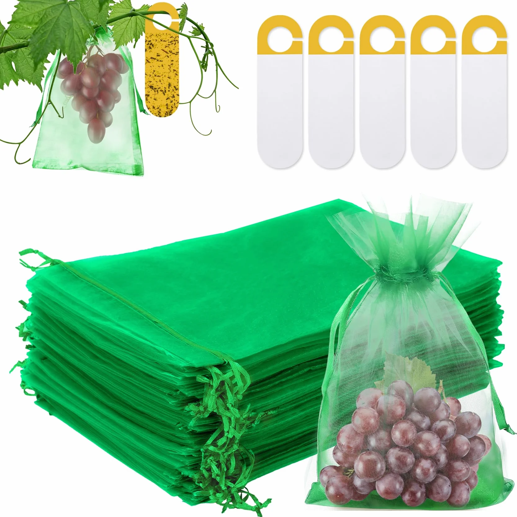 Lot de 60 Sacs Protection Fruits avec Cordon de Serrage, 30x40 cm, Anti-Guêpes Oiseaux Mouches