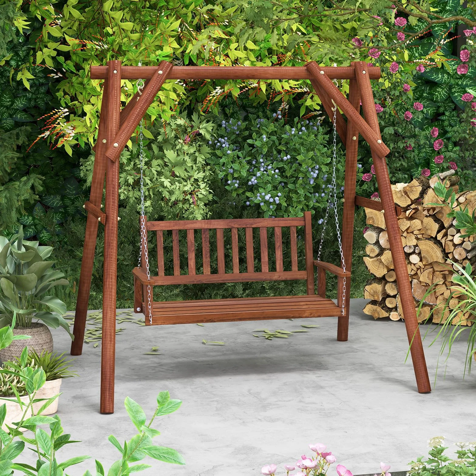 GOPLUS Balançelle Jardin 2/3 Places Extérieur Chaise Hamac Suspension Bois 230/360KG 136x67x63CM Marron