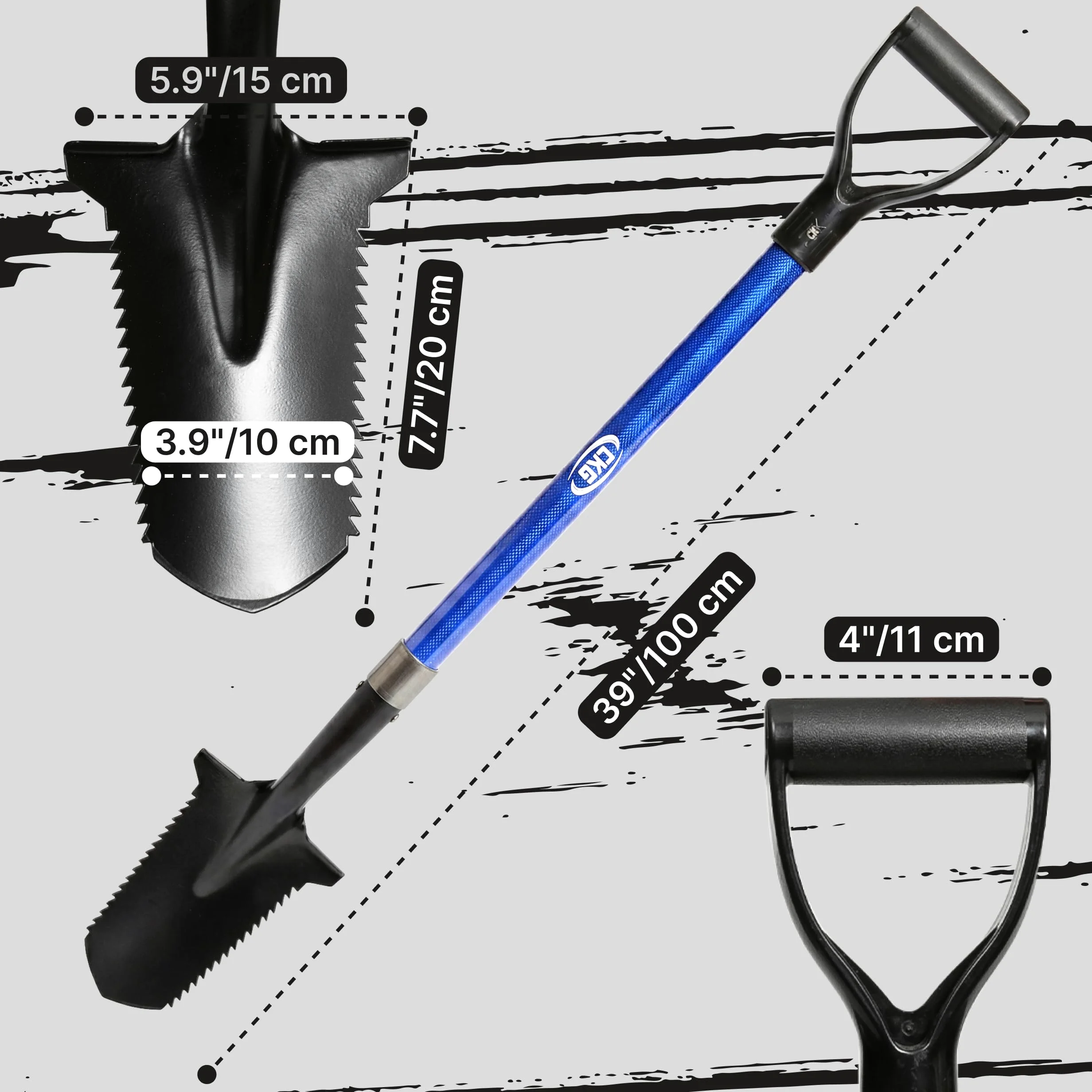 CKG Pelle de détection de métaux en carbone avec double lame dentelée – Coupe-racines de jardin léger, accessoire professionnel de détecteur de métaux, pelle dorée – Bleu carbone