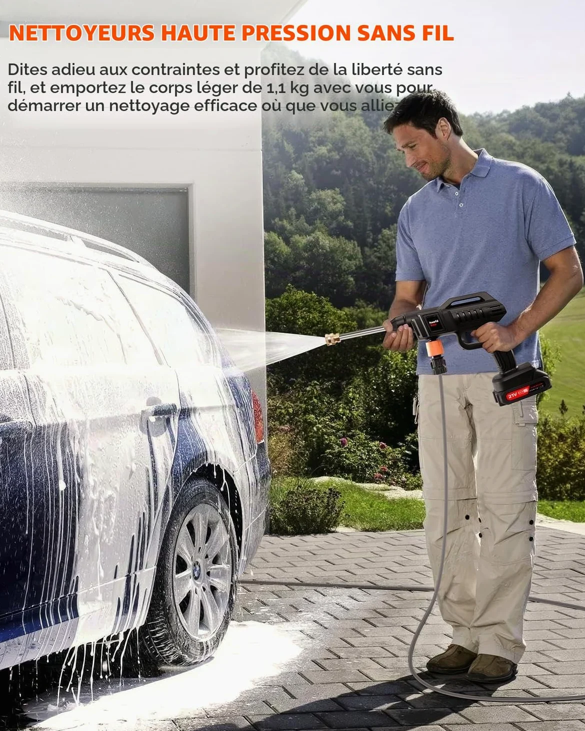 Nettoyeur Haute Pression sans Fil avec 2X Batteries 2.0Ah, Nettoyeur Haute Pression Portable avec Tuyau 5m, 3-en-1 Buse pour Voiture, Jardin, Terrasse, Maison