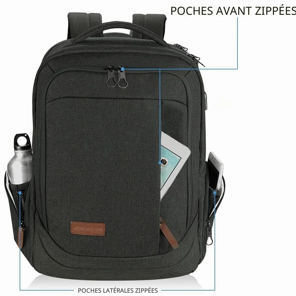KROSER Sac à dos pour ordinateur portable 17,3" Antivol Voyage Affaires Université