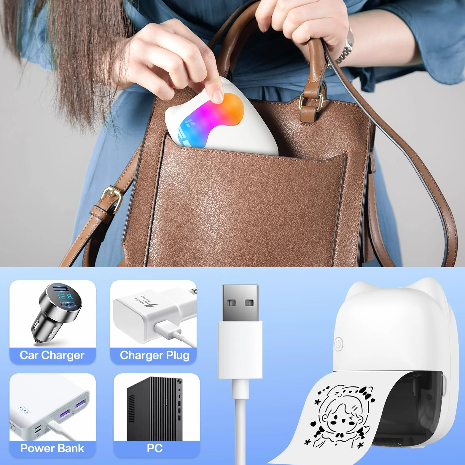 Mini Imprimante Portable Thermique sans Fil Bluetooth avec 14 Rouleaux de Papier pour iOS Android Notes Photos Journal