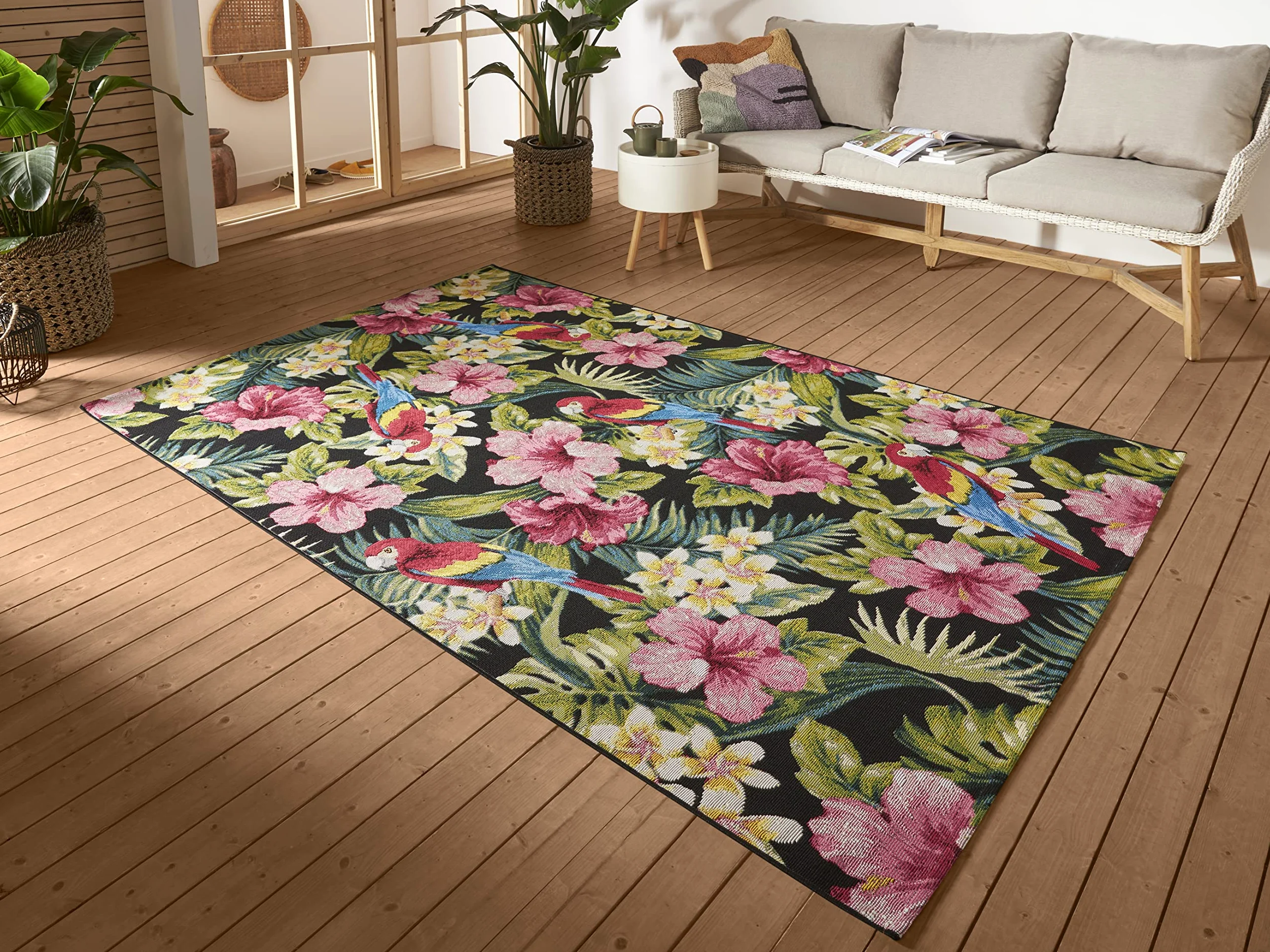 HANSE Home Tropical Feeling Tapis d'intérieur et d'extérieur - Tissé plat - Motif floral - Certifié Öko-Tex - Résistant aux intempéries et aux UV - Pour balcon, terrasse, jardin, salon - Multicolore -