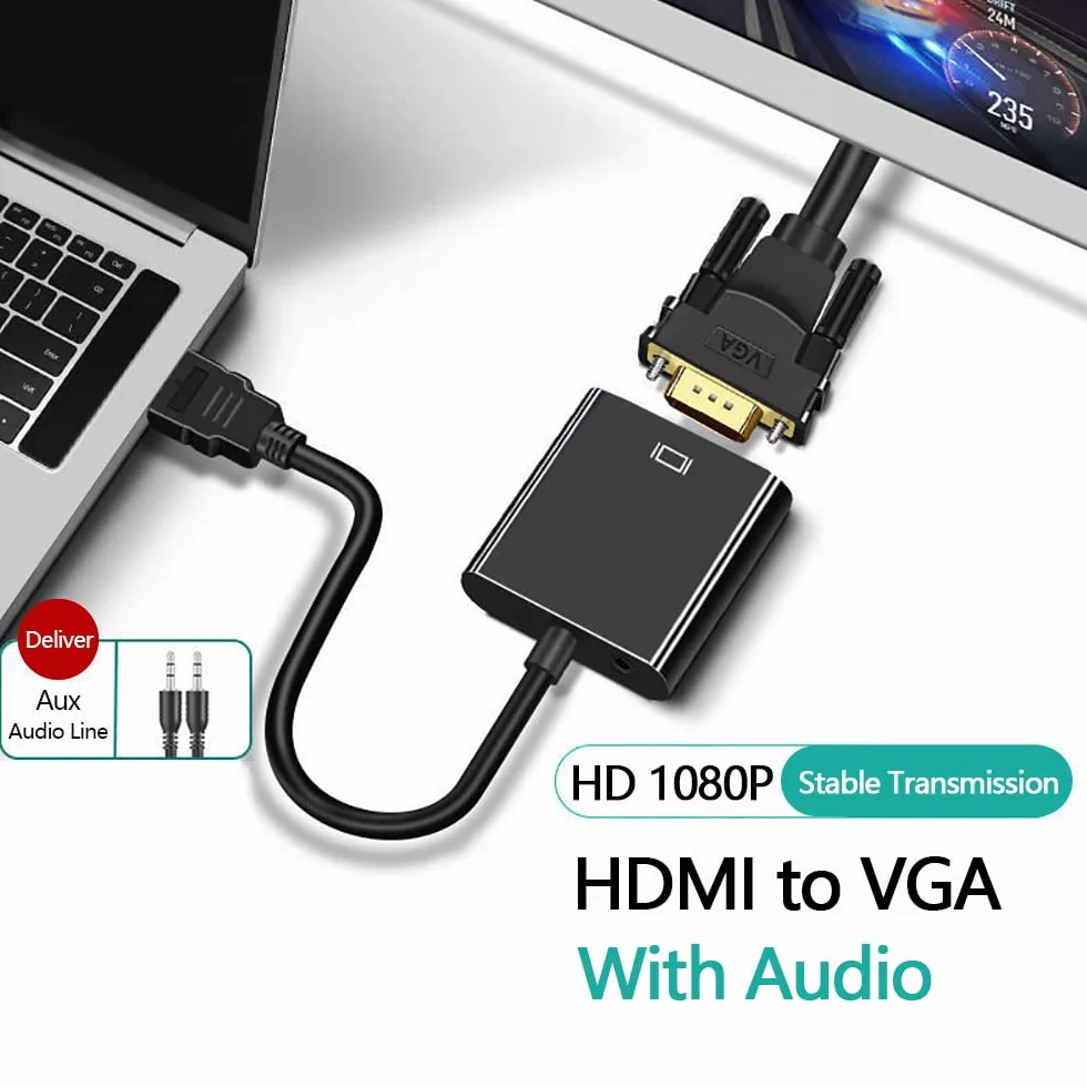 Adaptateur HDMI vers VGA 1080P, Convertisseur VGA vers HDMI avec Câble Audio 3,5 mm et Connecteur Doré pour PC, Projecteur, HDTV, PS4/3