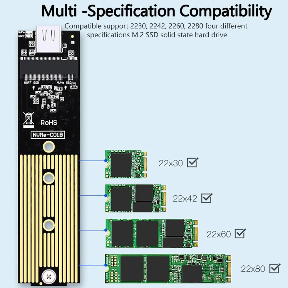 Boîtier SSD M.2 NVMe Adaptateur USB 3.1 Gen2 pour PCIe NVMe M-Key 2230/2242/2260/2280