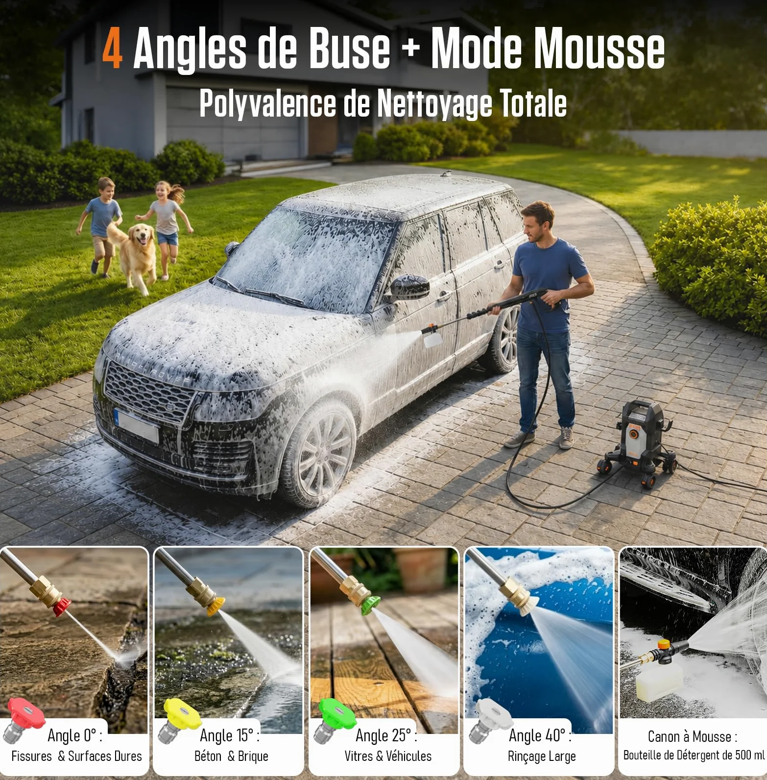 AIVOLT Nettoyeur Haute Pression 1800W, 170 Bars | avec 5 Buses à Modes Différents et Tuyau de 7,6 Mètres, Débit Maximal 360 L/H, pour Maison, Sols, Fenêtres, Voiture, etc.