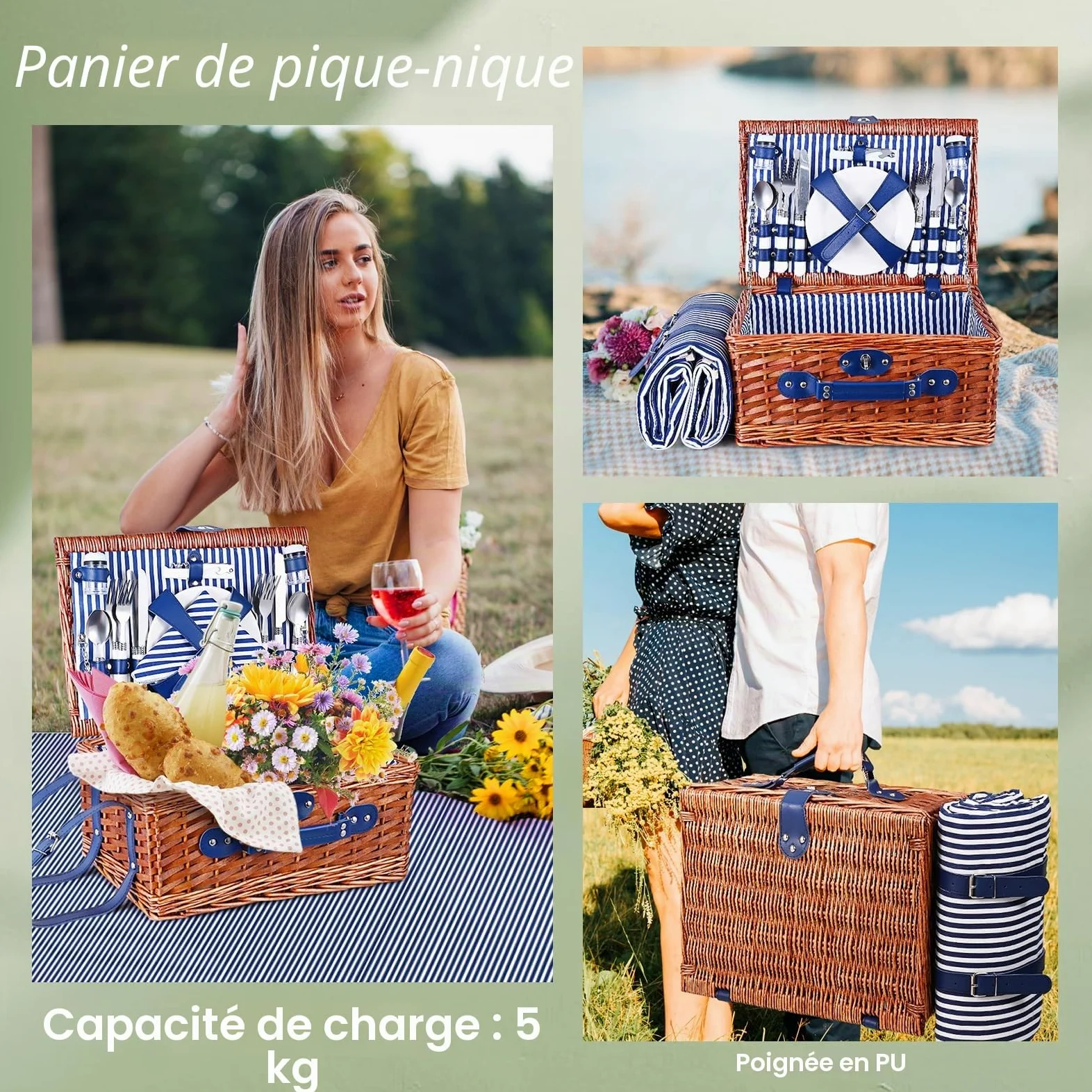 Panier de Pique Nique pour 4 Personnes,Couleeur Panier Pique Nique en Osier avec Couverture Pique-Nique Imperméable et Couverts, Panier Picnic pour Camping, Rose (Bleu 4 Personnes)