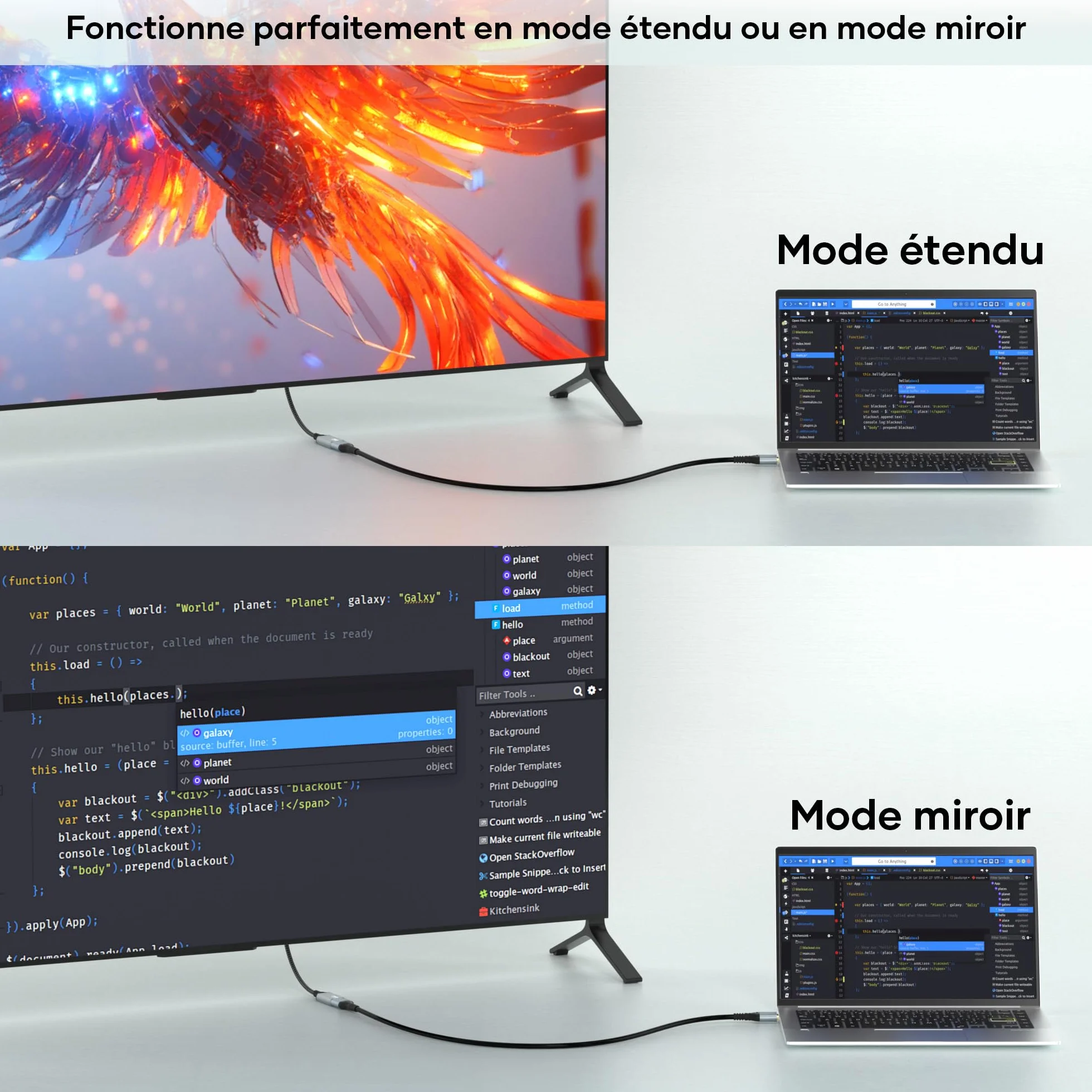 Adaptateur HDMI vers VGA unidirectionnel câble tressé nylon 1080p pour moniteur TV PC ordinateurs portables