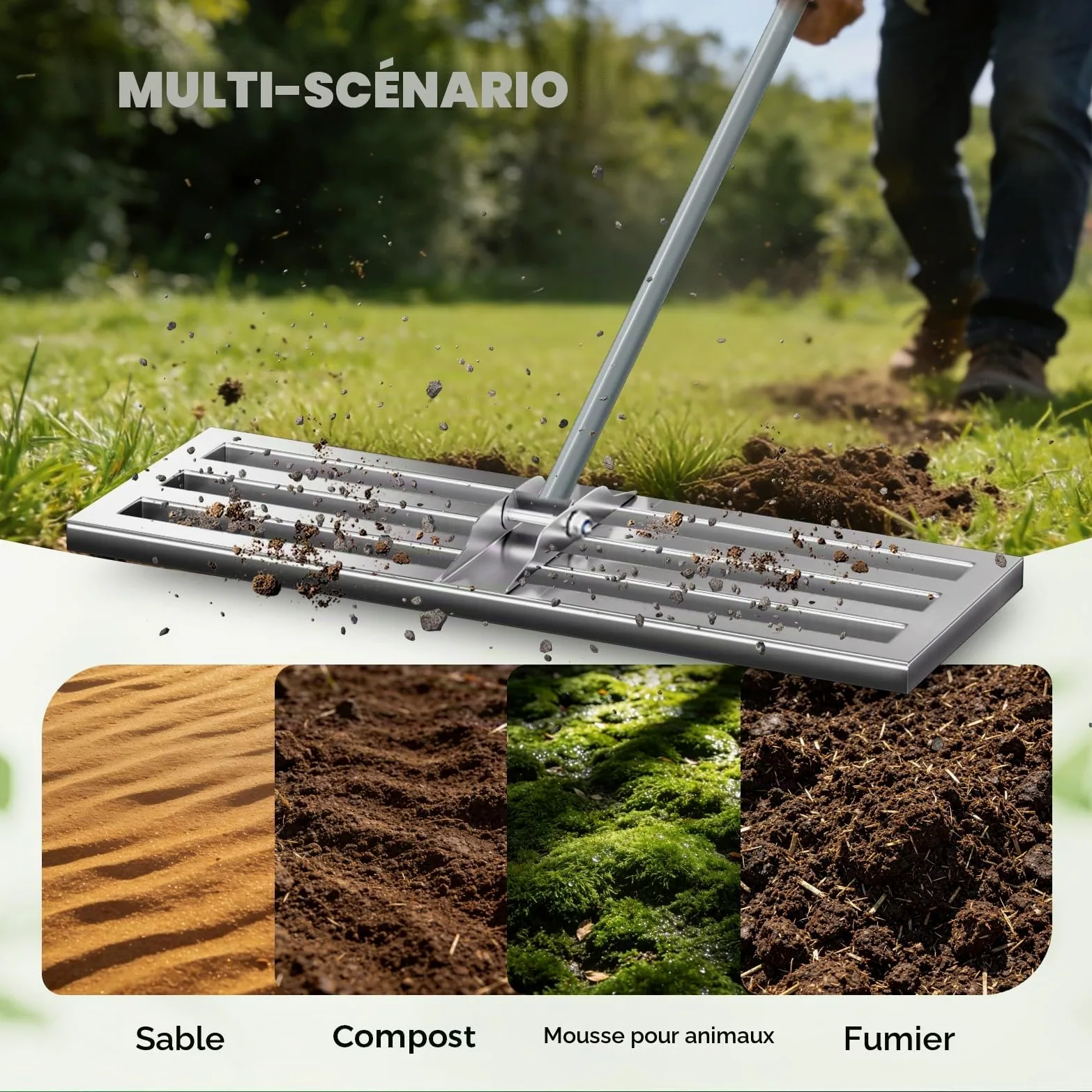 75 x 25 cm rateau de nivellement de pelouse – Base en Acier Inoxydable entièrement fermée, poignée Durable, pour l’Entretien du Gazon dans Les Jardins, Les fermes et Les Cours