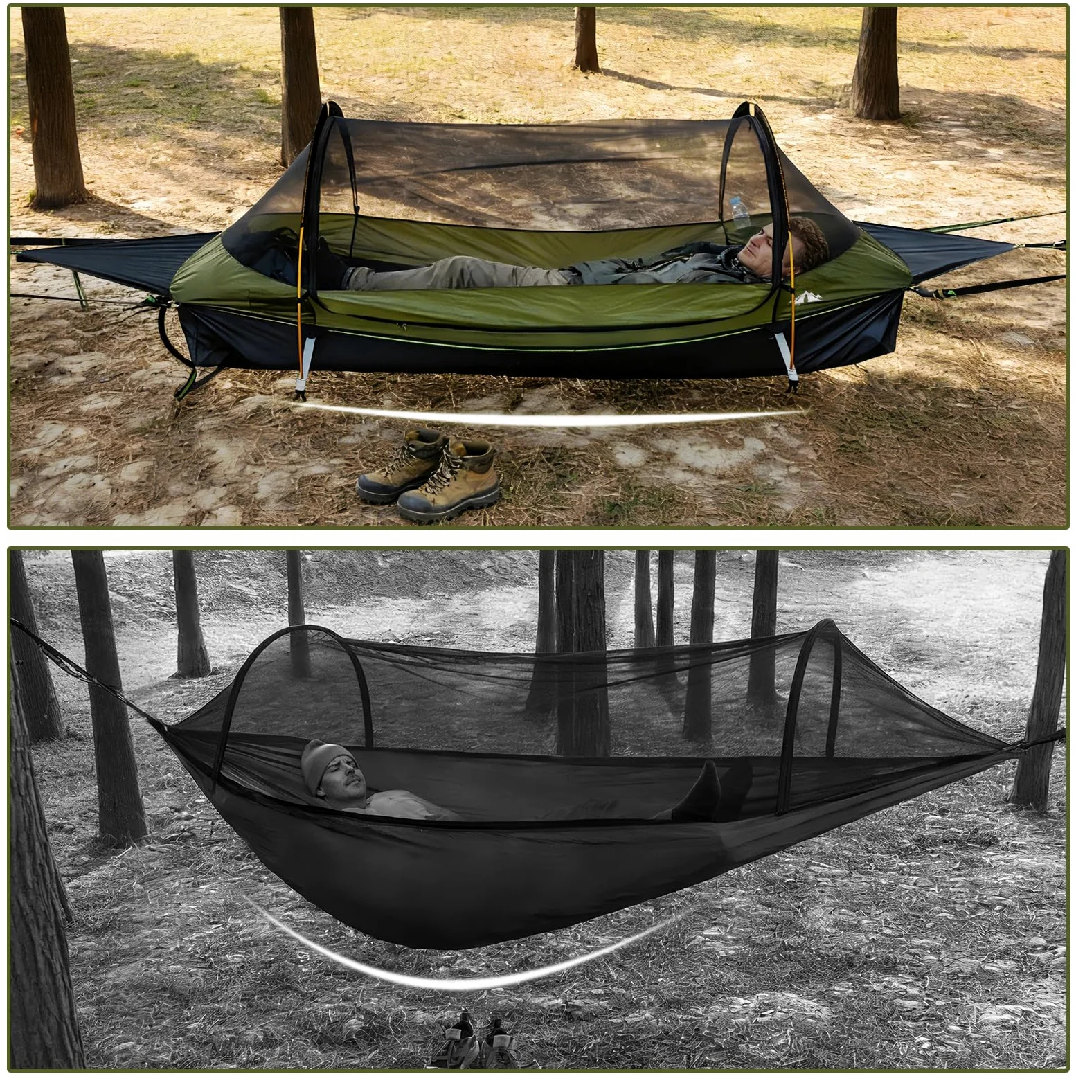 Night Cat Hamac Tente Fond Plat pour 1 Personne avec Moustiquaire Couverture Imperméable et Espace de Rangement Supplémentaire Randonnée Camping dans Jardin Arrière Cour Sauvage Vert Pro