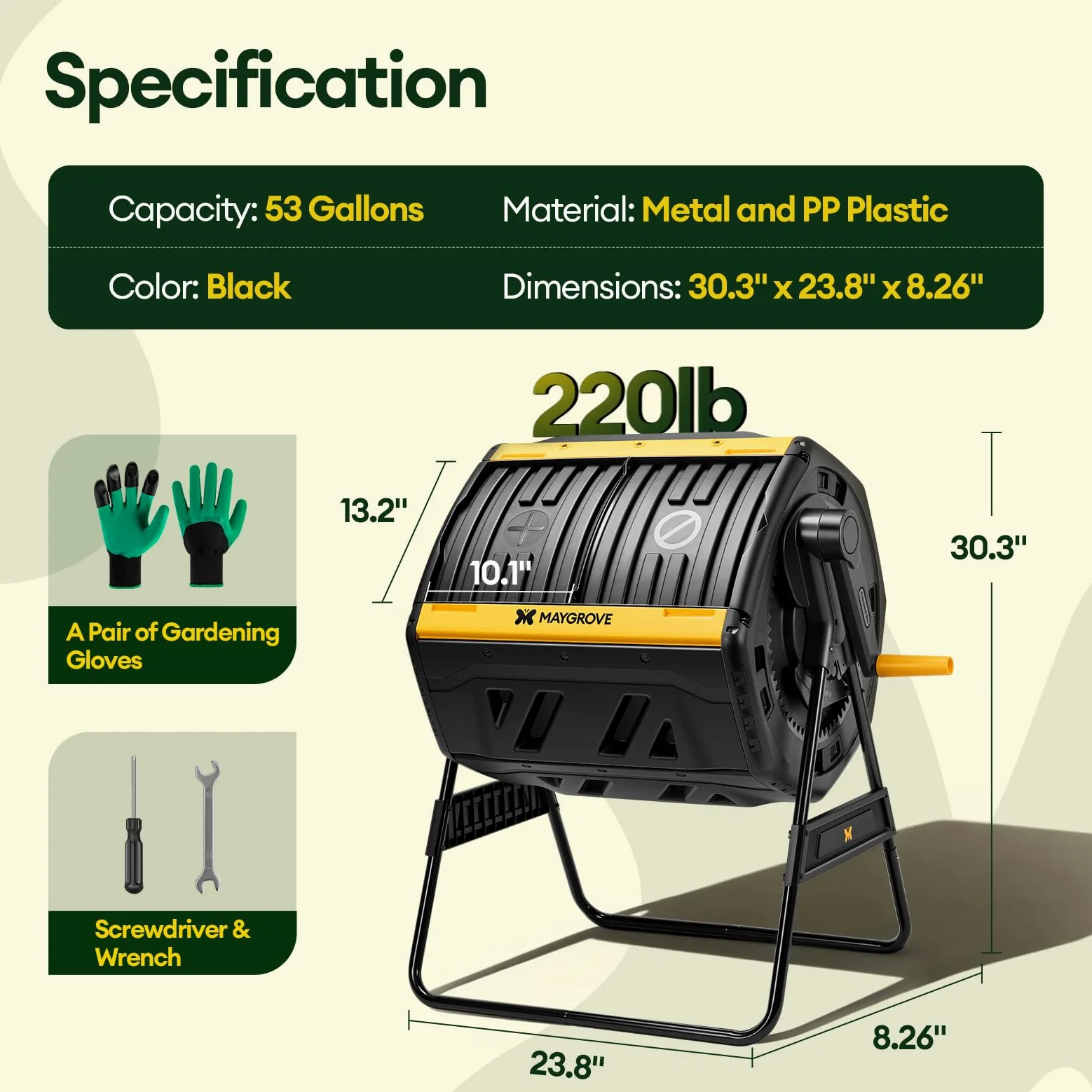 MAYGROVE Composteur 200L à 2 Compartiments Rotatif 360° Bac à Compost pour Jardin avec Portes Coulissantes Cadre en Acier Robuste