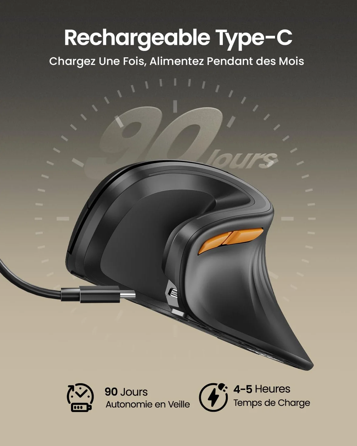 ProtoArc EM11 NL Souris Ergonomique sans Fil Verticale Rechargeable 3 Ports Bluetooth USB Silencieuse Noir