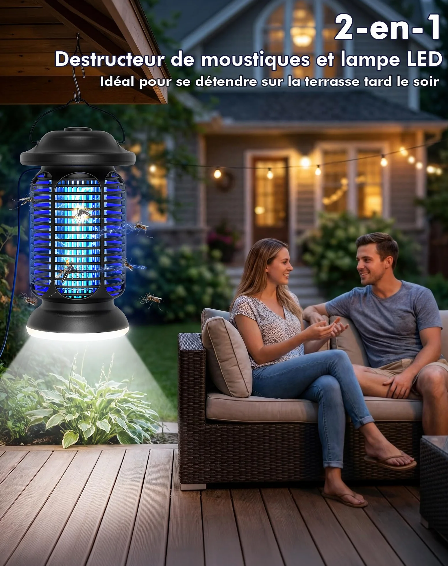 Lampe Anti Moustique 4000V Tue Mouche Électrique 20W UV IPX4 Étanche Piège à Insectes Extérieur Intérieur