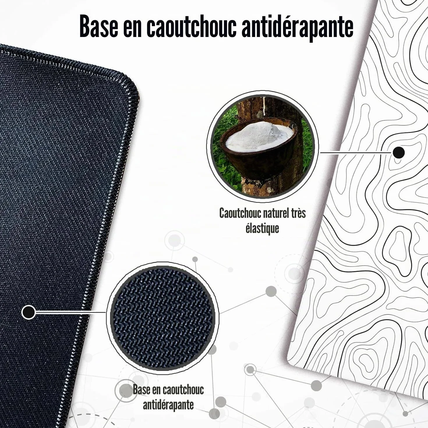 Grand Tapis de Souris de Jeu Cartes Topographiques Bords Cousus Sous-Couche Antidérapante Blanc 80x30