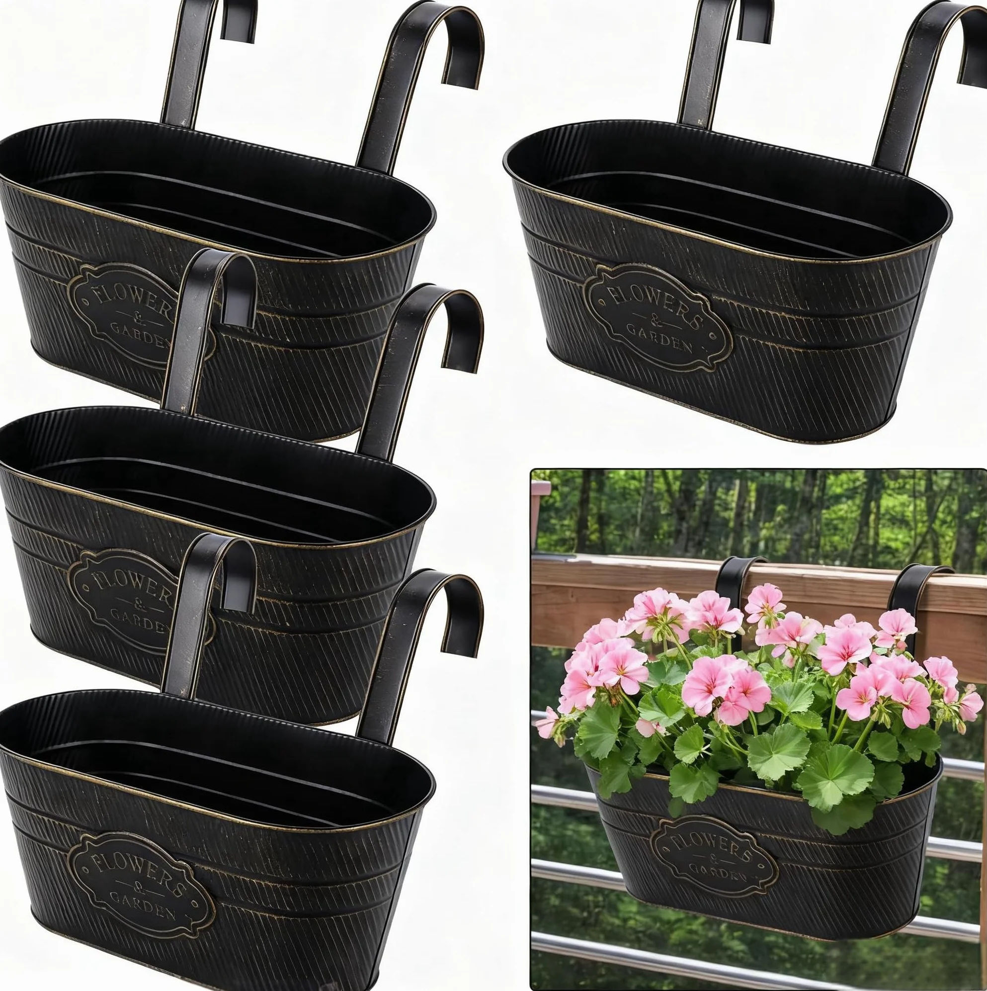 Lot de 4 Jardinières Suspendues Métal avec Crochets Amovibles pour Plantes Balcon Jardin