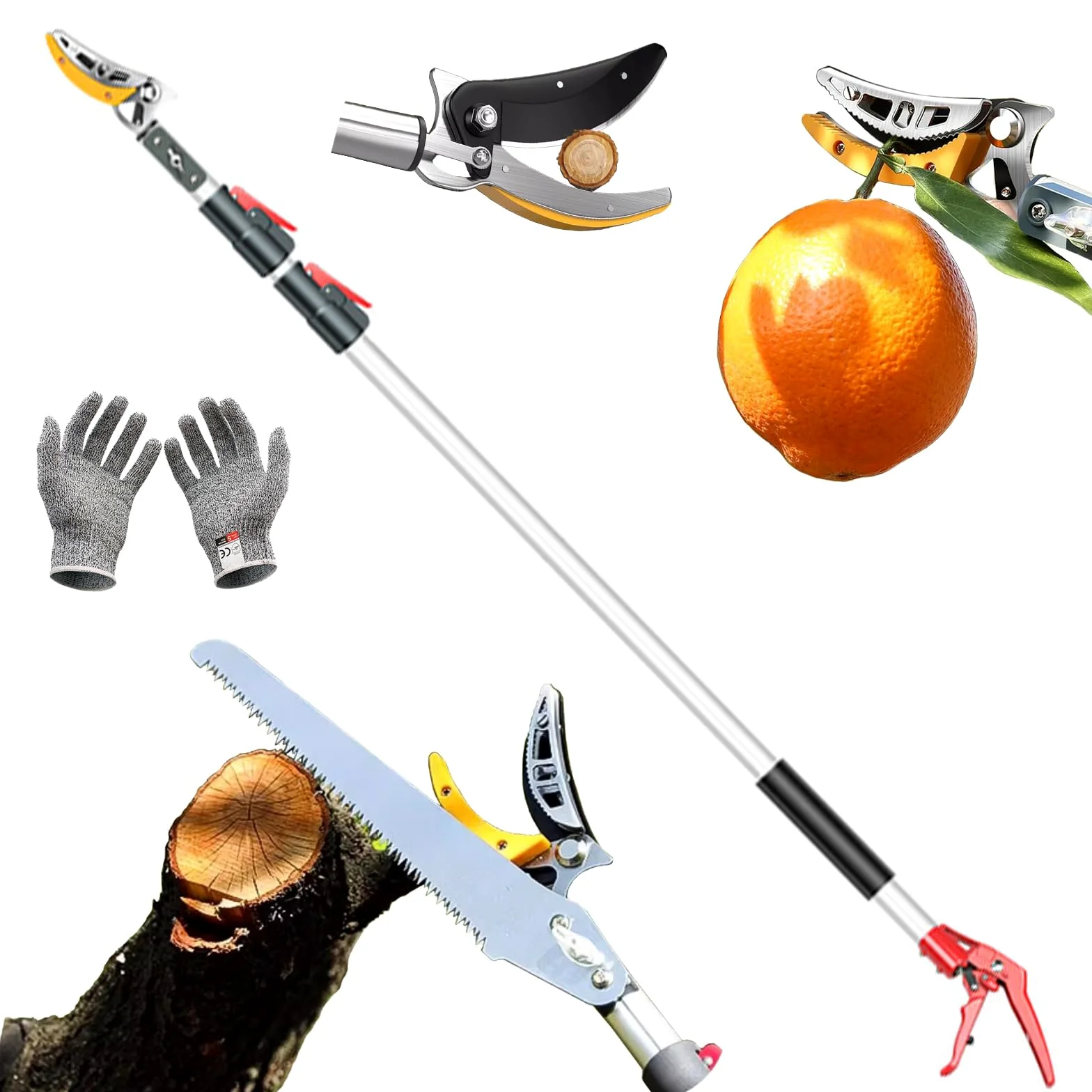 Sécateur Télescopique Sécateur de Jardin Télescopique Extensible Multifonction 1.4 à 3 m pour travailler sur de longues distances lame de scie la cueillette de fruits-2 têtes de couteau