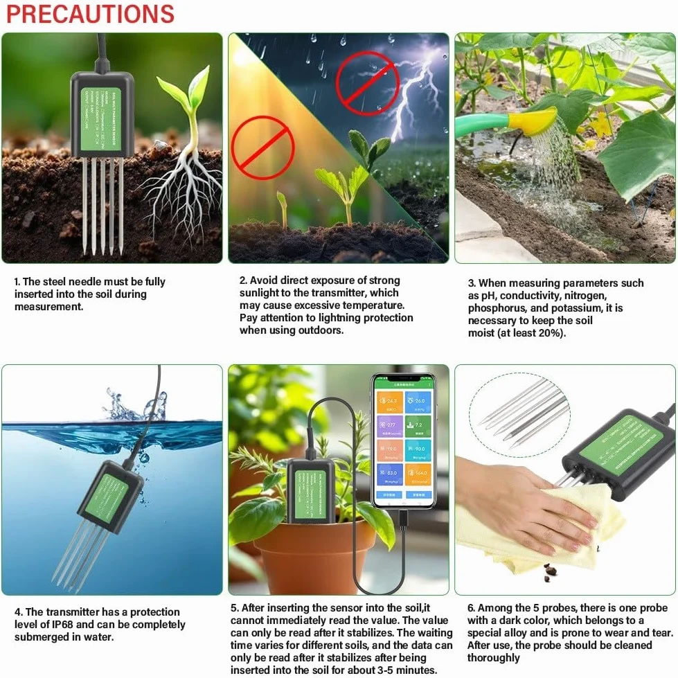Sonde de sol USB 7 en 1 Testeur de sol avec PH/EC Température Humidité NPK Analyse de l'humidité IP68 Étanche Interface USB pour appareils Android pour l'agriculture, le jardinage et la