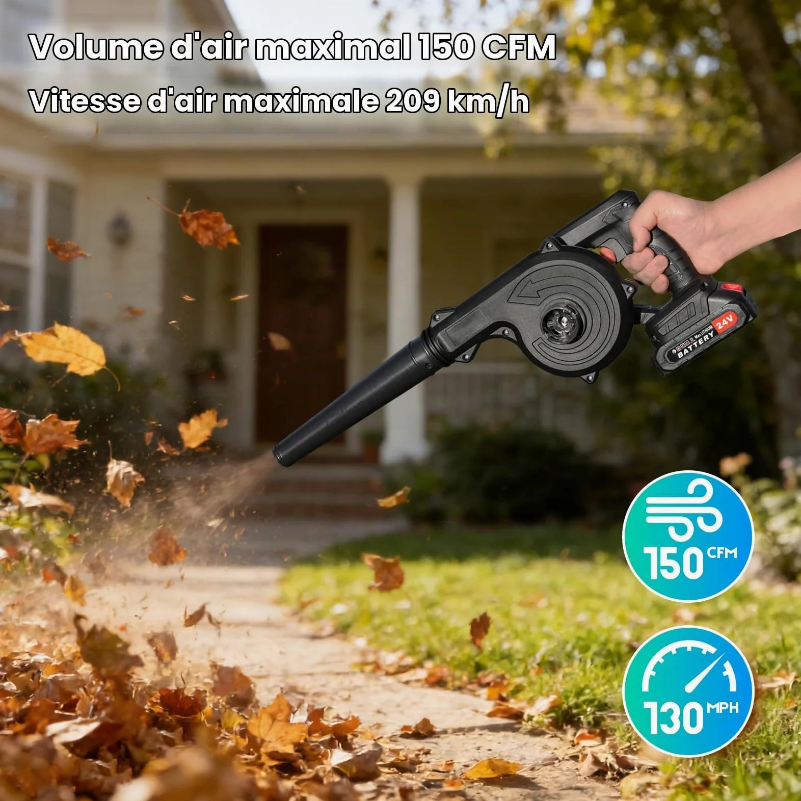 Souffleur de Feuilles sans Fil 24V – Lot 2 Accus 2000mAh & Chargeur | Moteur Brushless 20 000 tr/min et Flux 150 CFM.Il Nettoie Feuilles, Neige Légère, Poils D'animaux et Atelier en un Instant