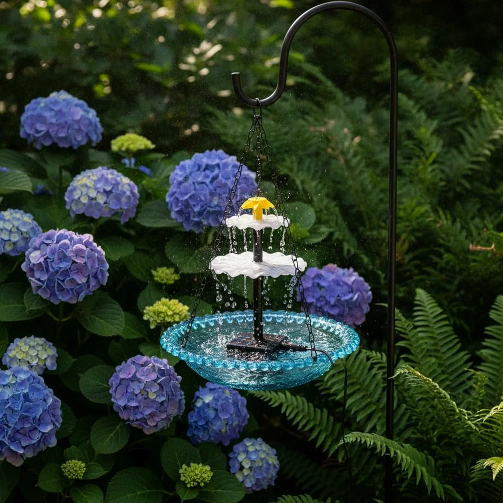 Bain d'oiseaux Solaire Flottant Suspendu, Plastique - Attire Les Oiseaux - métal - conçu pour Jardin extérieur - pour, Violet, Fontaine à Oiseaux Solaire à Double Niveau