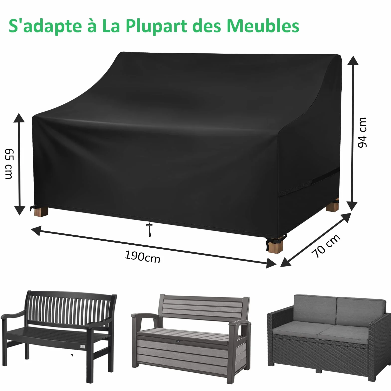 Housses de Canapés de Jardin 600D Oxford Imperméable Anti-UV Protection Banc Extérieur 190x70x65/94cm