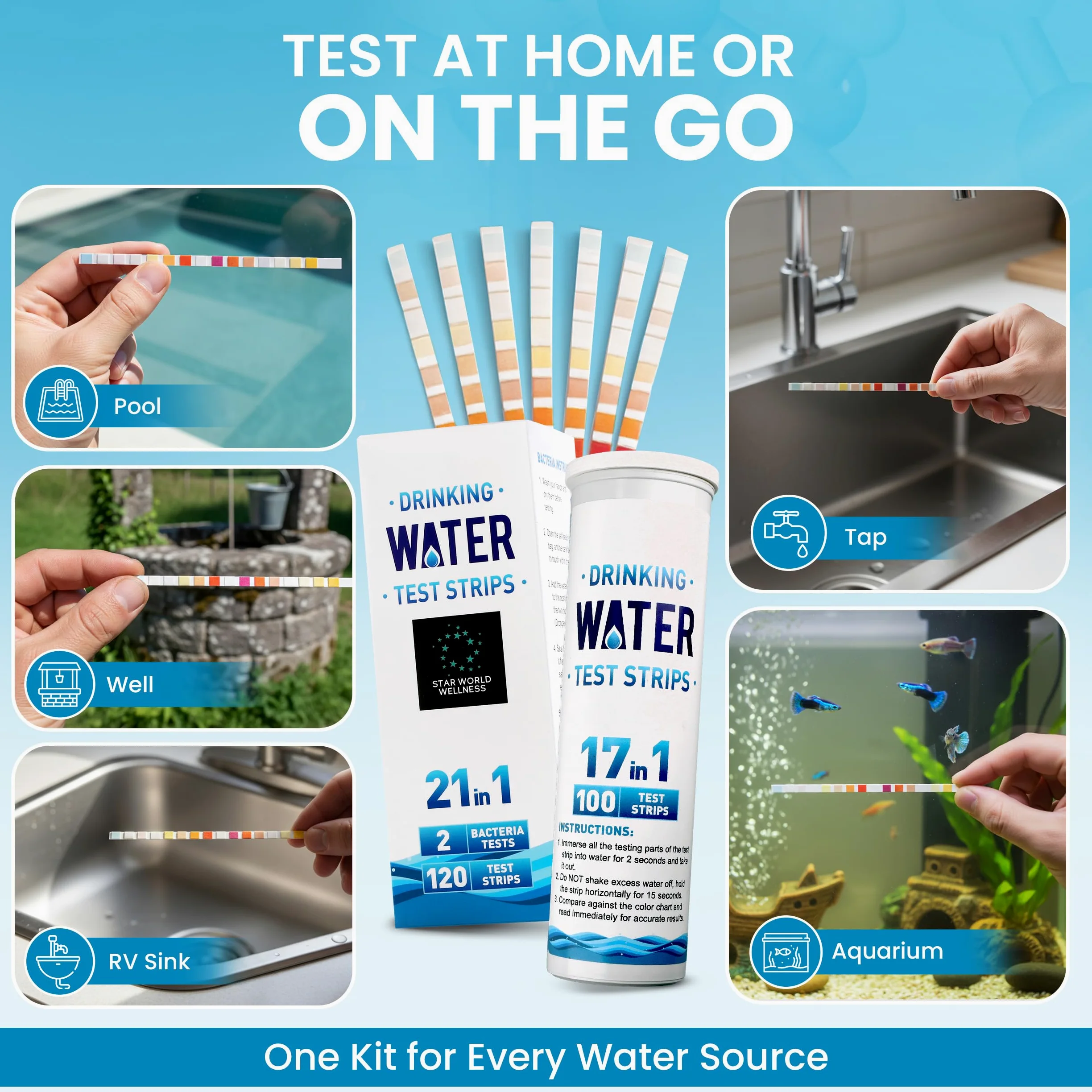 Kit de test d'eau potable 21 en 1 - 120 bandelettes de test d'eau + 2 tests de bactéries. Test de qualité de l'eau du robinet et du puits pour plomb, pH, dureté, chlore, nitrate