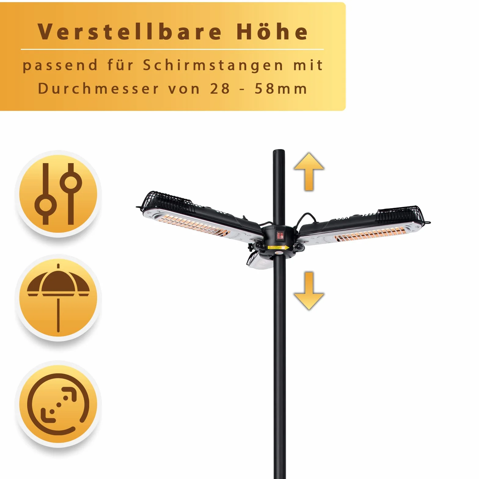 Mi-Heat Chauffage de parasol 2000 W Infrarouge pour terrasse 16 m² 3 niveaux de puissance