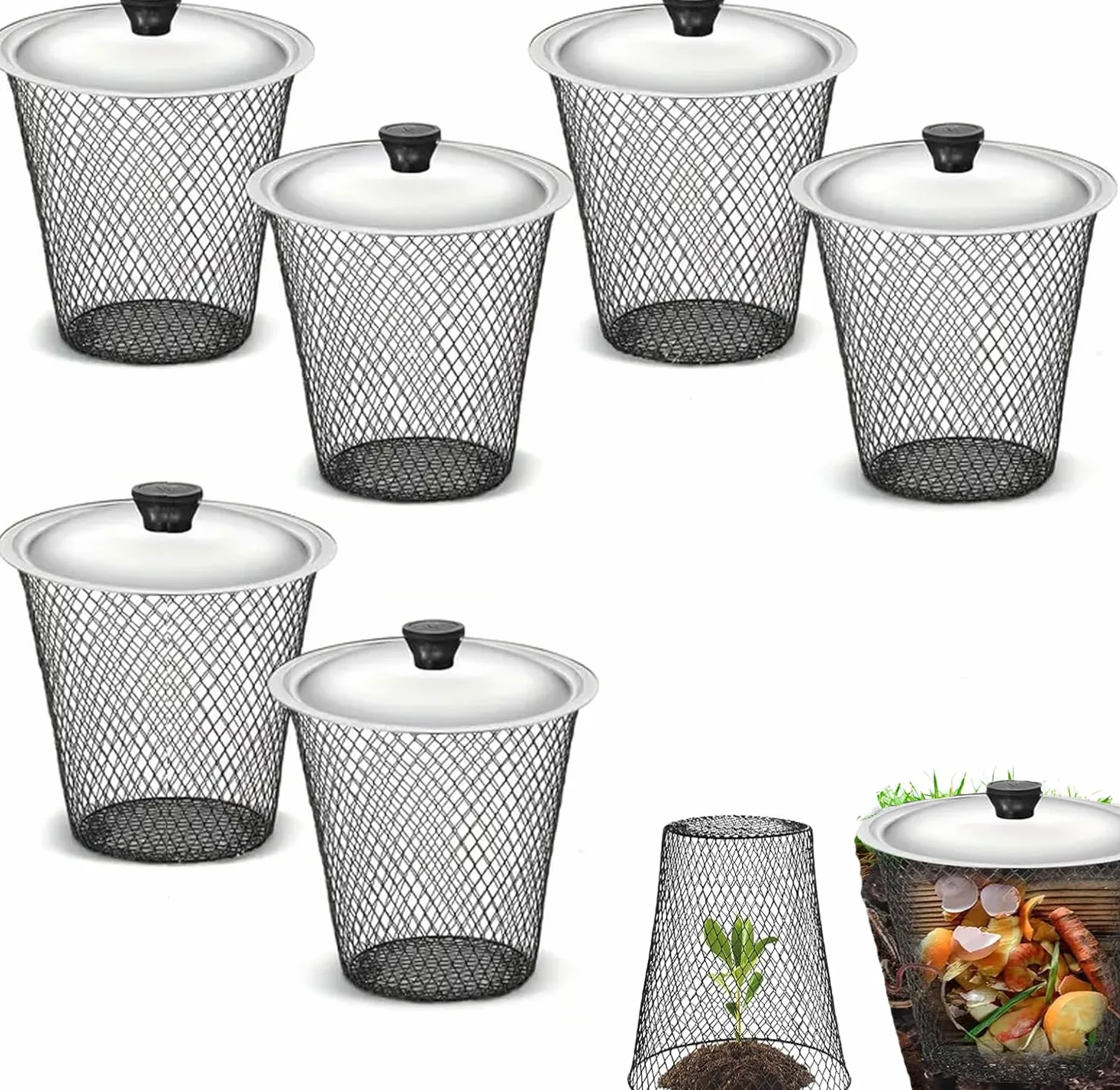 Composteur De Jardin 2 en 1, Lot De 6 Composteurs en Maille Métallique avec Couvercle Cloche De Protection pour Plantes Et Bac À Compost Protection Contre Les Animaux pour Potager Et Jardin