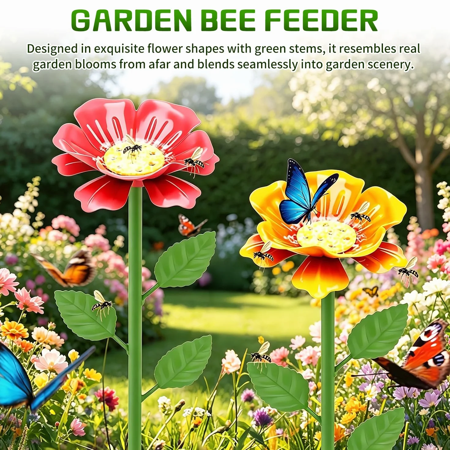 Lot de 4 Abreuvoir à Abeilles Métal – Abreuvoir à Insectes Hauteur Réglable, Station d'eau Design Fleur pour Jardin, 63cm