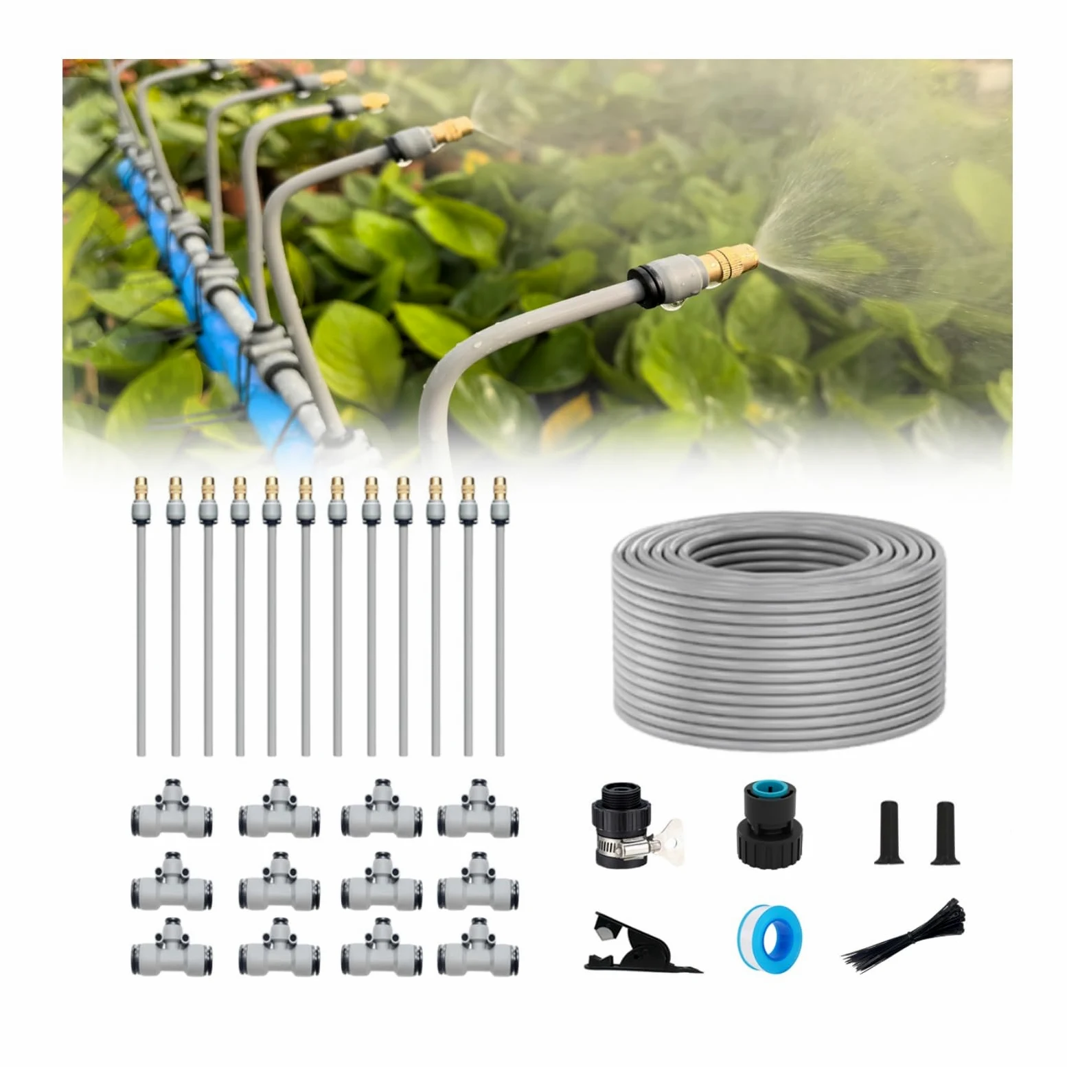 Kit d'irrigation goutte à goutte, système d'irrigation automatique à connecteur rapide, avec compte-gouttes remplaçable, buse en cuivre pour système d'arrosage pour jardin, plantes, pelouse, terrasse