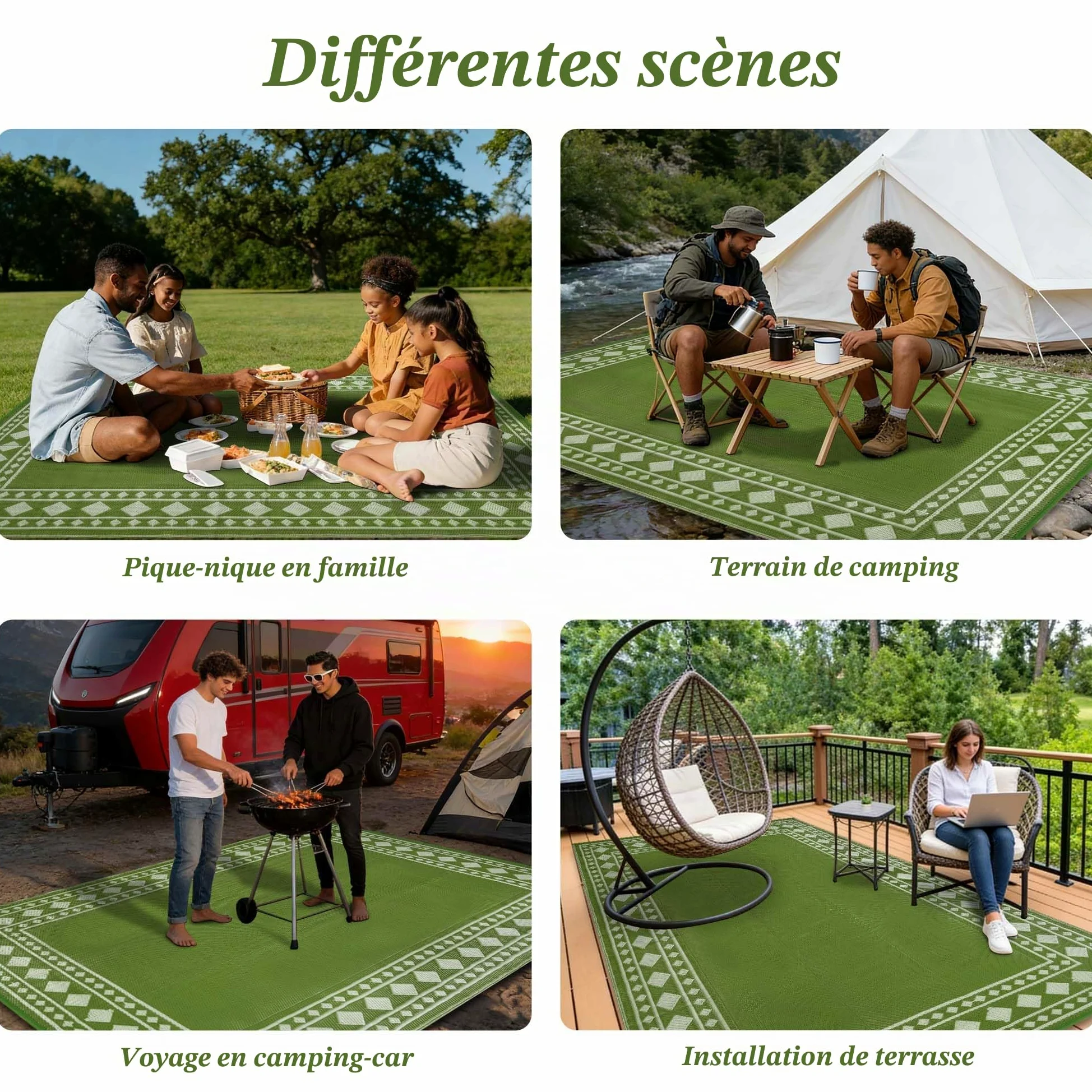 Homcomodar Tapis d'extérieur résistant aux intempéries, 180 x 270 cm, réversible, perméable à l'eau, tapis en plastique pour camping, terrasse, jardin, tente, pique-nique, vert